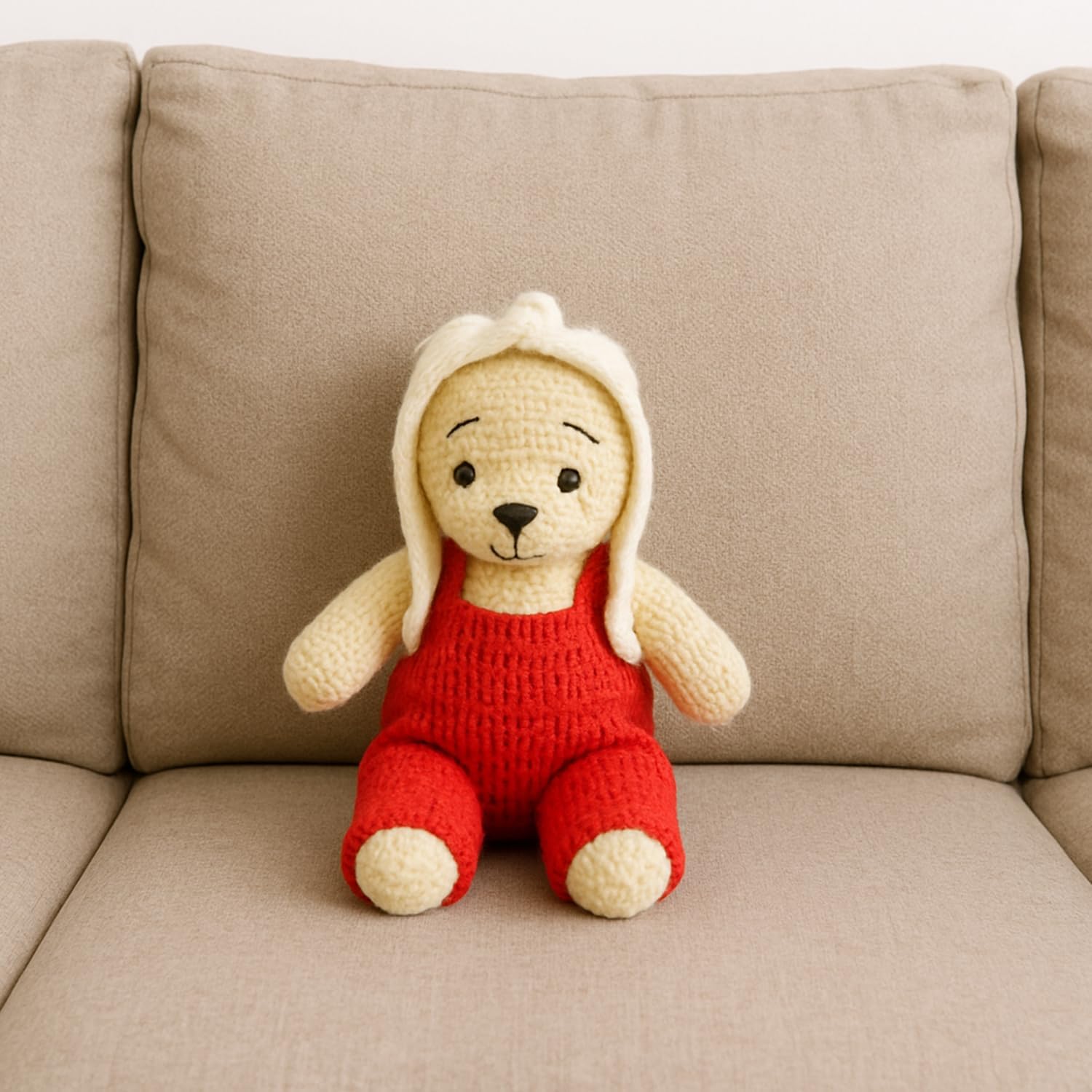 Sutra Handmade Crochet Bear Toy – Amigurumi Teddy in Red Dungarees with Cream Hair, Soft Stuffed Plush Animal