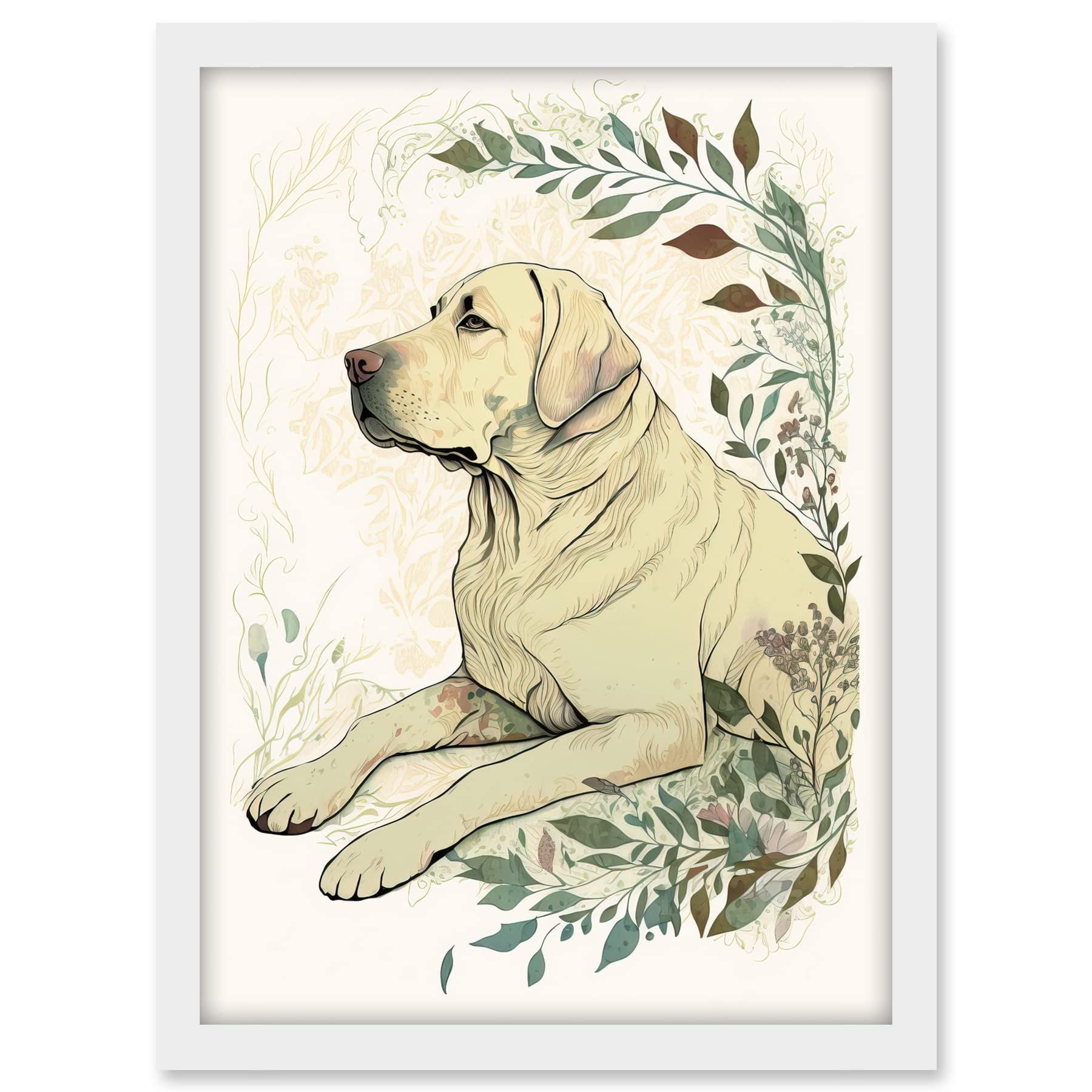 Artery8 Labrador Retriever Dog Lying in Field Modern Linocut Illustration Artwork Framed A3 Wall Art Print