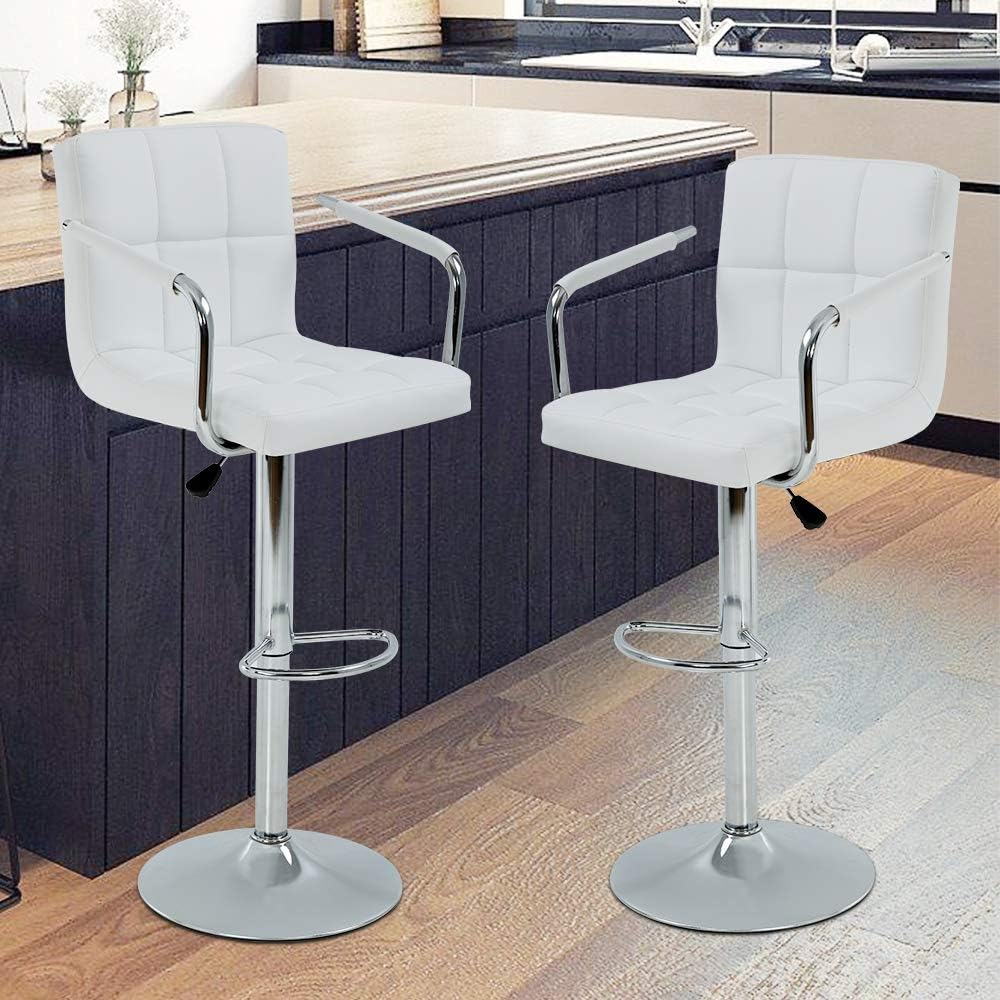 White Adjustable Swivel Leather Bar Stools with Chrome Base, Set of 2