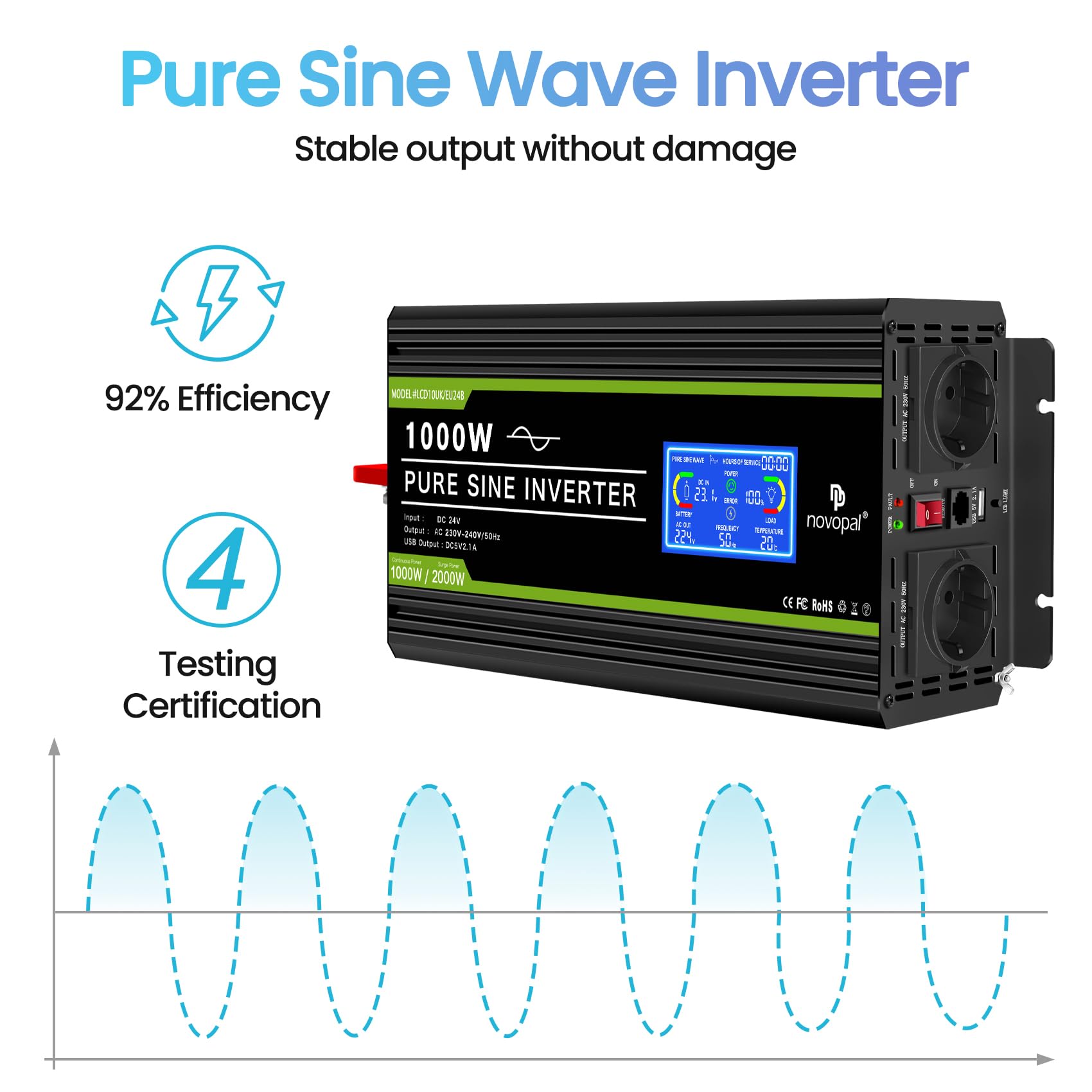 NOVOPAL 1000W Convertitore puro Sinus -DC 24 V a AC 220 V/230 V Inverter con display LCD e telecomando -Potenza di punta 2000 W Trasformatore di tensione