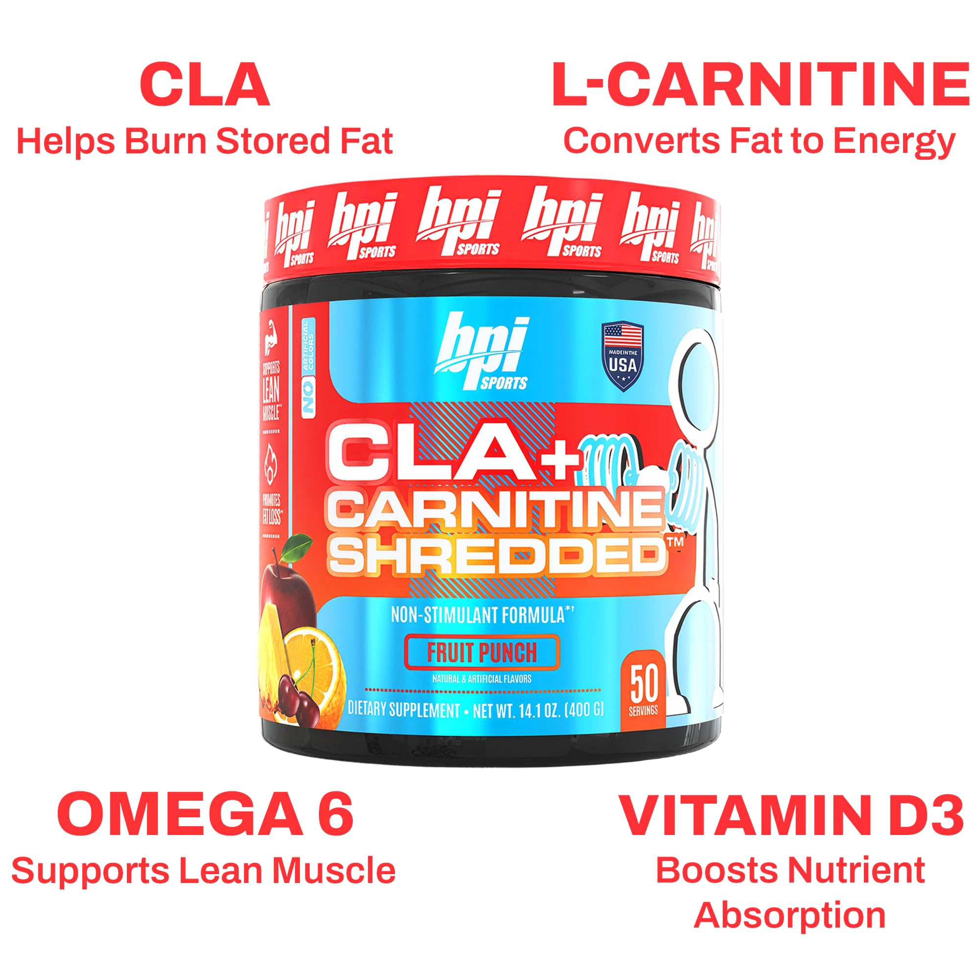BPI Sports CLA + Carnitine Shredded - Convert Fat Cells Into Energy and Supports Lean Muscle, Boost Metabolism - Non-Stimulant L-Carnitine Supplement - Fruit Punch (14.1 oz. / 50 Servings) — Amazon image 8