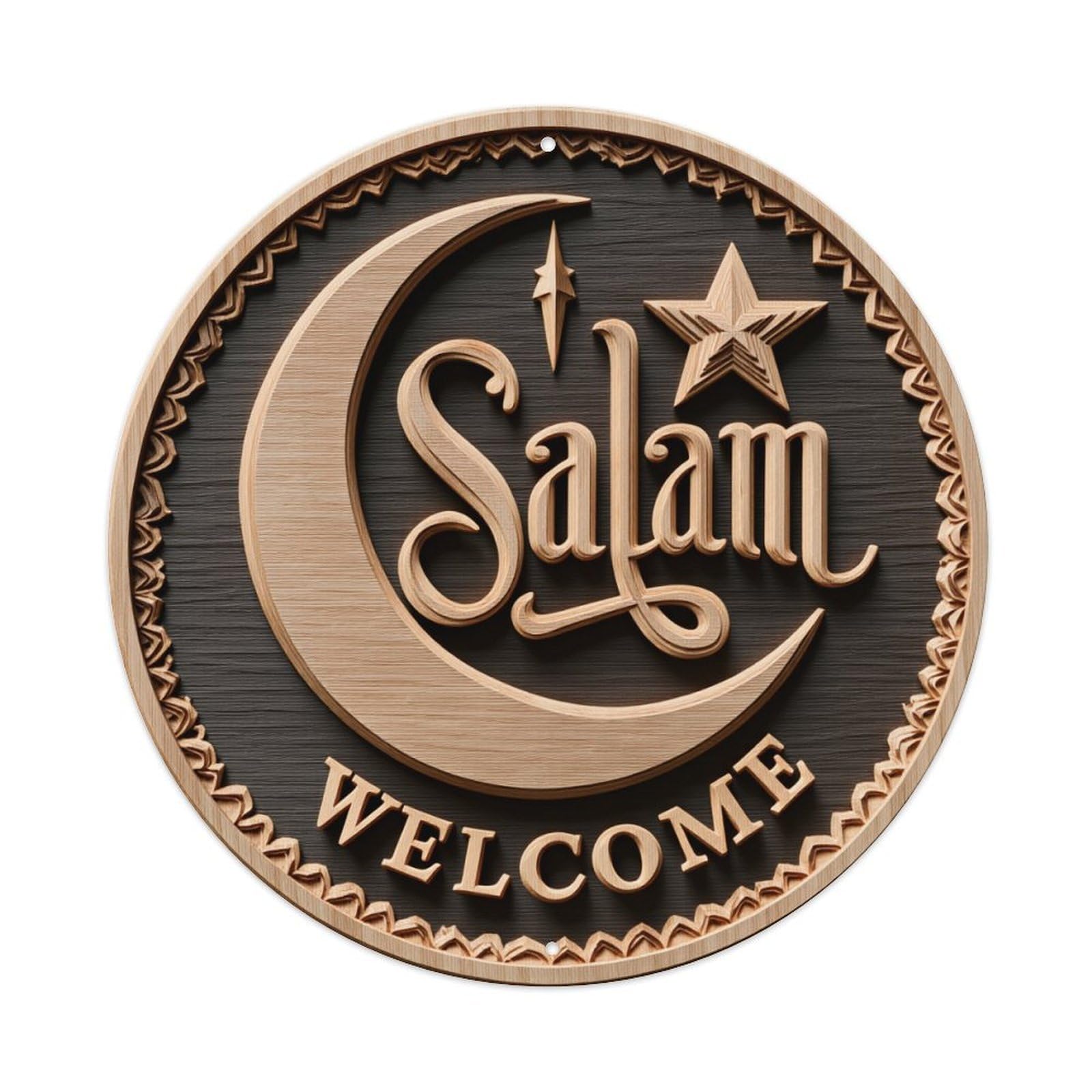 Crescent Moon Star Salam Welcome Round Tin Sign Vintage Metal Poster, Home Bar Garage Man Cave Cafe Indoor & Outdoor Wall Decoration 8x8Inches