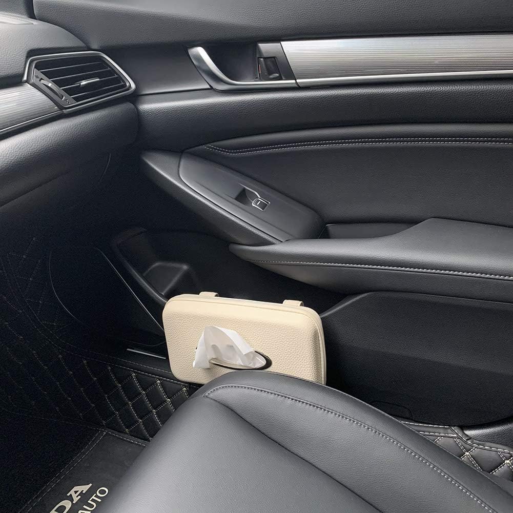 Car Tissue Holder - Sun Visor Napkin Holder, PU Leather Backseat Tissue Case for Vehicle (Beige)