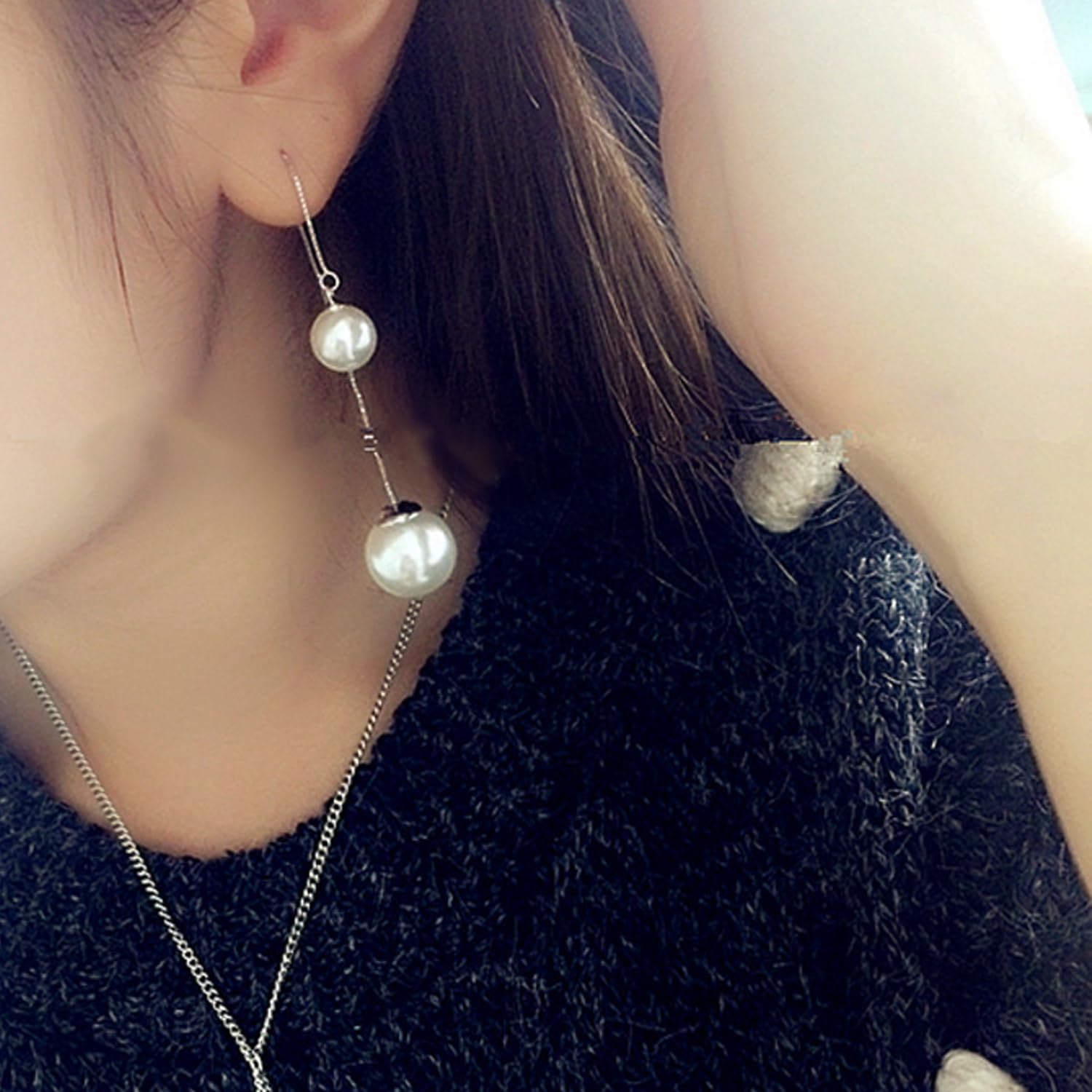 Elegant 925 Sterling Silver Long Freshwater Pearl Drop Earrings Chain Dangle Earrings for Women - Image 7