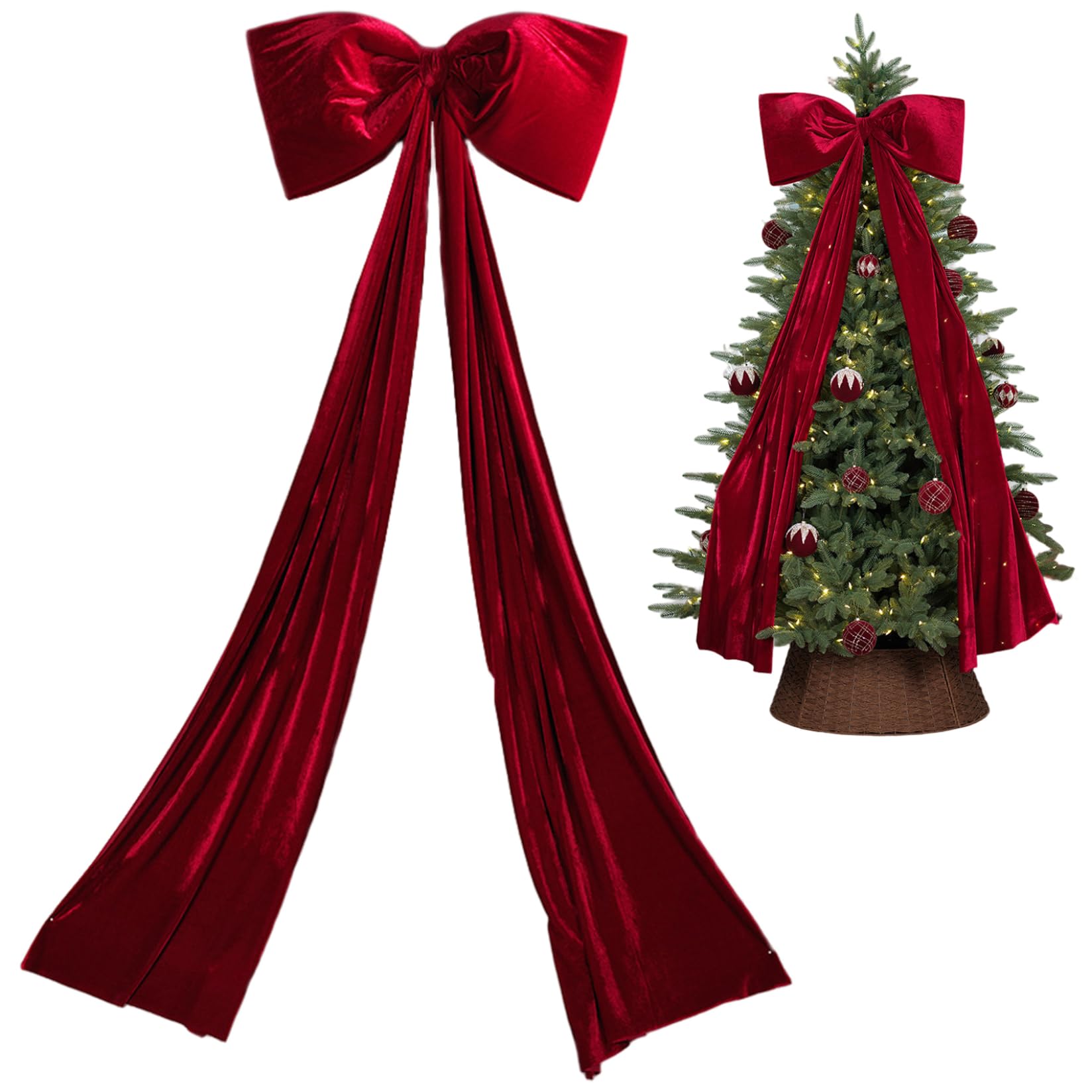 Nœud extra large en velours rouge pour décoration de sapin de Noël - 180 x 71 cm