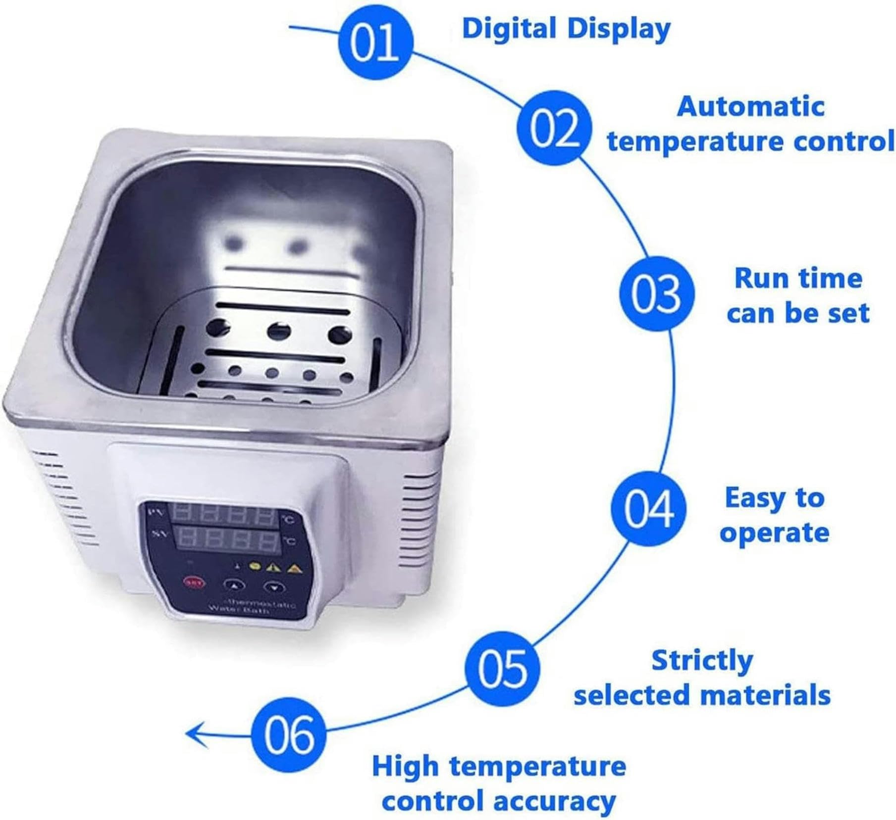 Baño María termostático Digital de Laboratorio, 3 L, 350 W, con Calentamiento eléctrico, Temperatura Ambiente de 5 a 100 °C, incrementos de 0,1 °C, Temporizador de 1 a 999 Minutos.