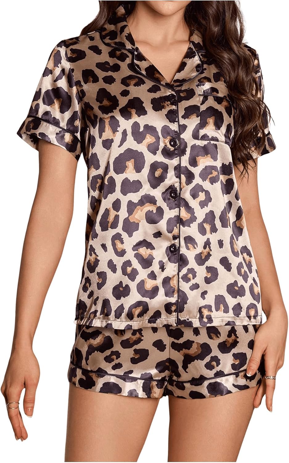 Women's Silk Satin Pajama Set Leopard Print Sleepwear Cheetah Short Sleeve Button Down Pjs Shorts Loungewear - Image 4