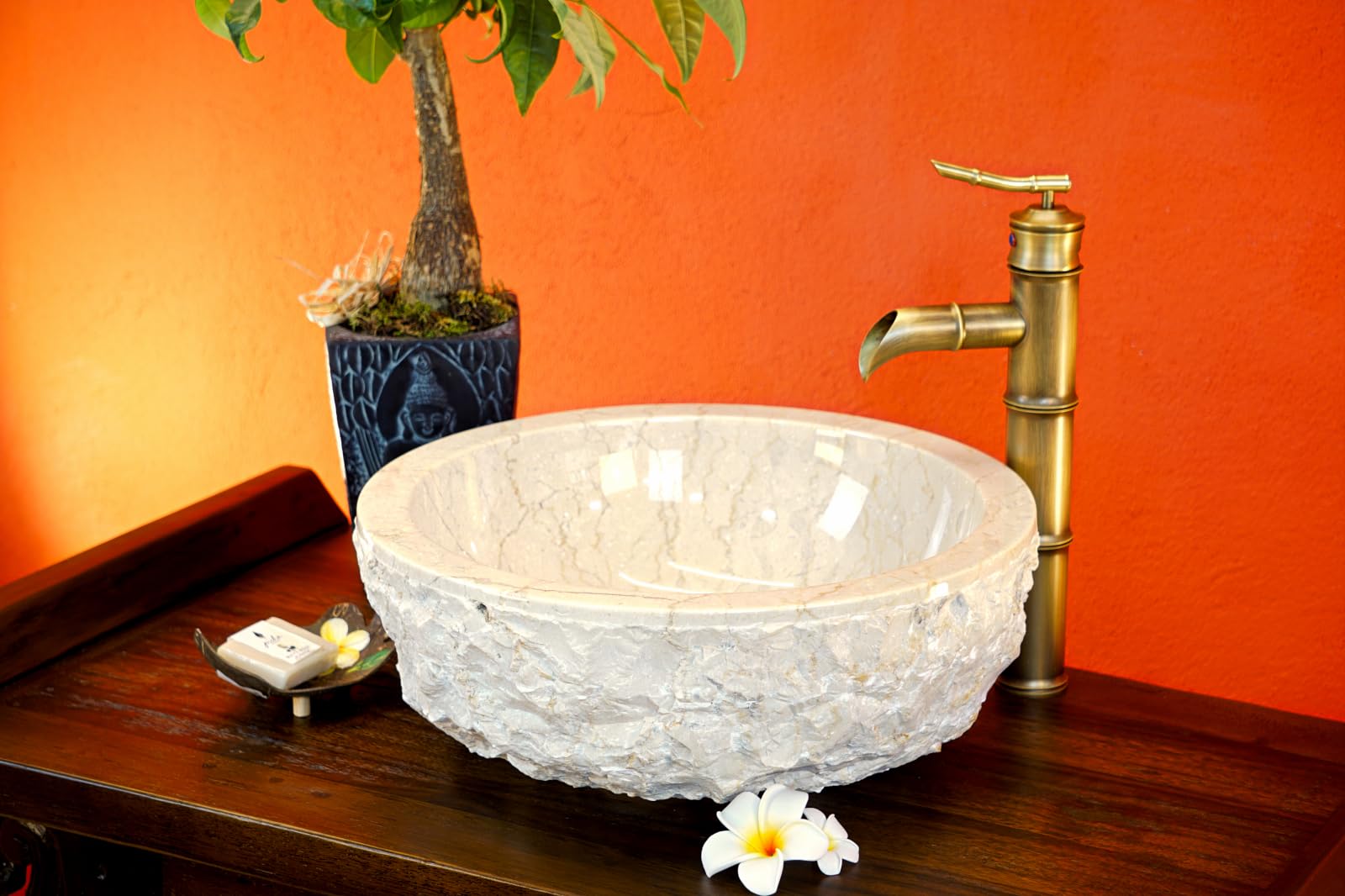 Lavabo de piedra natural de mármol – Accesorio para lavabo en 2 tamaños – Mármol claro con exterior grueso (40 cm de diámetro)