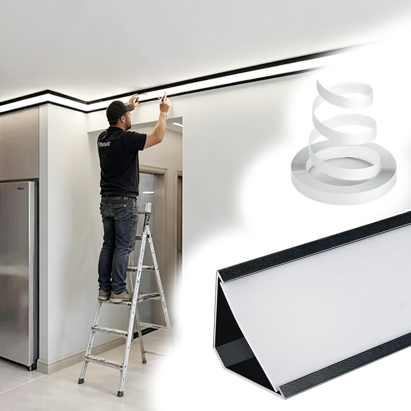 Vibeo Linear Crown Lighting Molding with Acrylic Diffuser Cover, Ceiling & Wall Decor LED Crown Moulding Trim, Long Indirect Lighting Aluminum Profile Indoor(Black,4.5m(14.8ft))