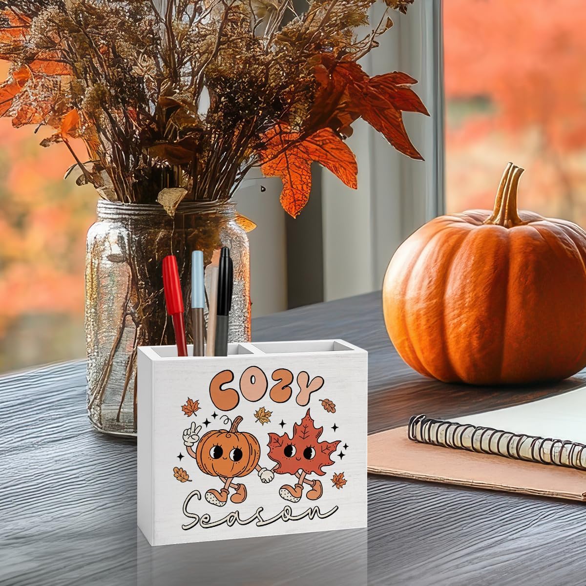Cute Fall Decoration, Cozy Season Sign Pumpkin Decor Wooden Pencil Holder image 4