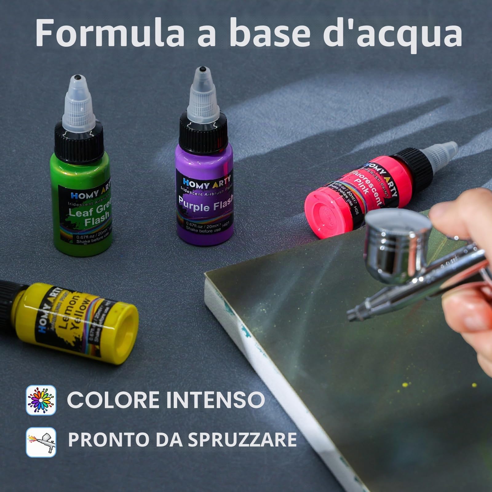 HOMY ARTY Colori Aerografo - 42 Colori con 6 Diluenti e Kit Pulizia | Aerografo 500 ml con Pennelli, Vernice Acrilici Pronta da Spruzzare per Metallo, Modelli in Plastica, Tela, Legno