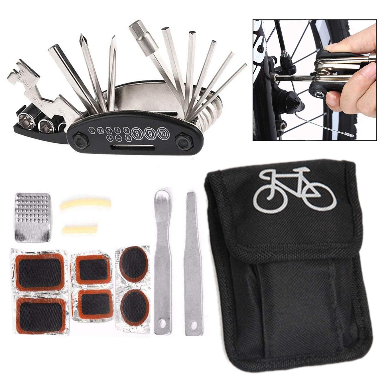 Kit Riparazione Bici 16 In 1 Portatile | Chiavi Allen, Cacciaviti, Leve Gomme | Per Emergenze Strada