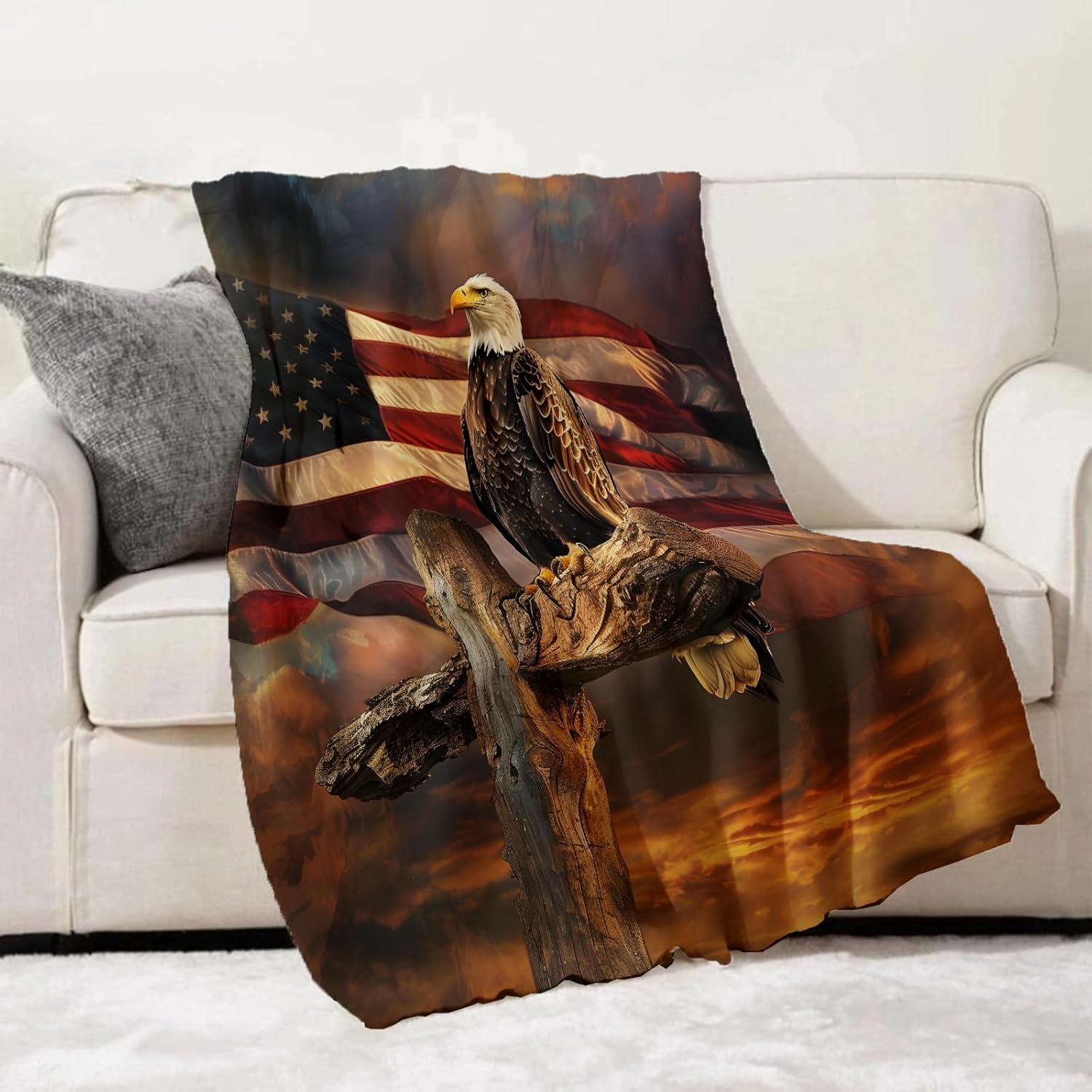 American Eagle and Flag Throw Blanket for Adults Kids, 60x80 in, Bald Eagle Theme Flannel Blankets for Bedroom, Couch, Travel, Home Decor, Fuzzy Soft Cozy Warm Gifts