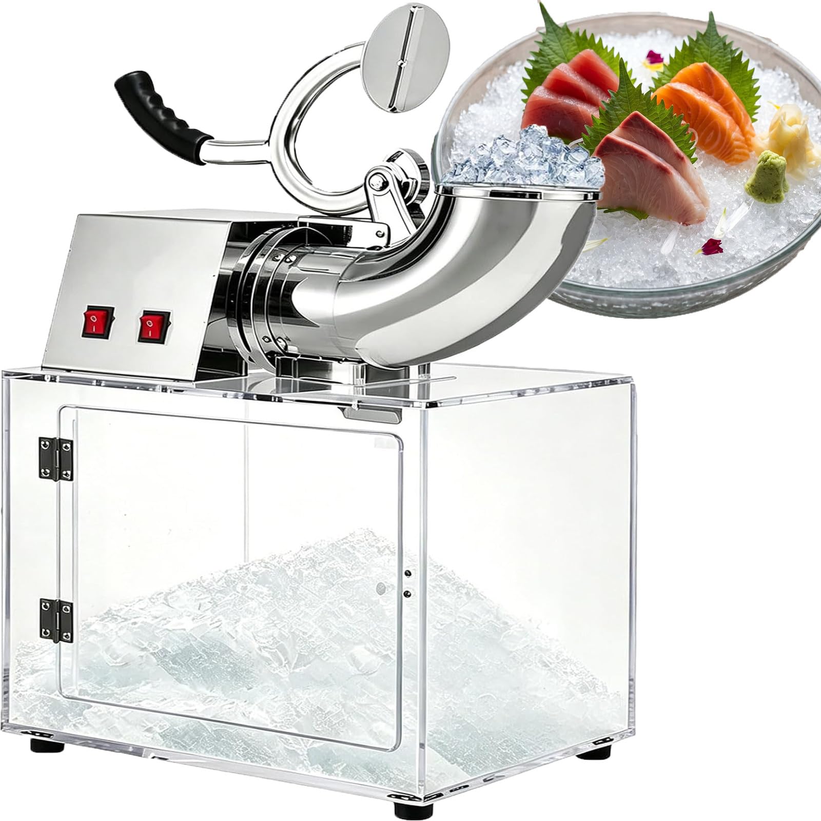 Commercial Ice Crusher for Commercial and Home Use, 300W Stainless Steel Shaved Ice Machine with Dazzling Lights, Large Transparent Bin, Dual Blades, 850 RPM Fast Crushing, Safety Guard for Smoothies