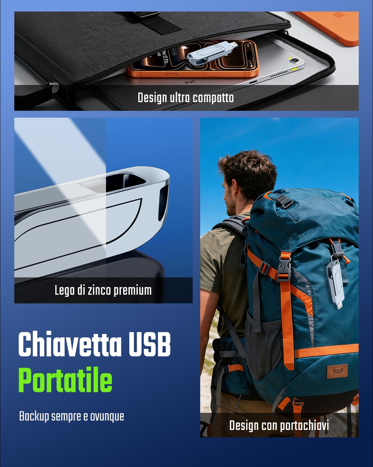 [Senza App] Gaulau Chiavetta USB 256GB per iPhone Certificato MFi Apple,3 in 1 Chiavetta USB-C Lightning USB 3.0,Pendrive Memoria Externa per iPhone/iPad/Smartphone Android OTG/Mac/PC,Grigio