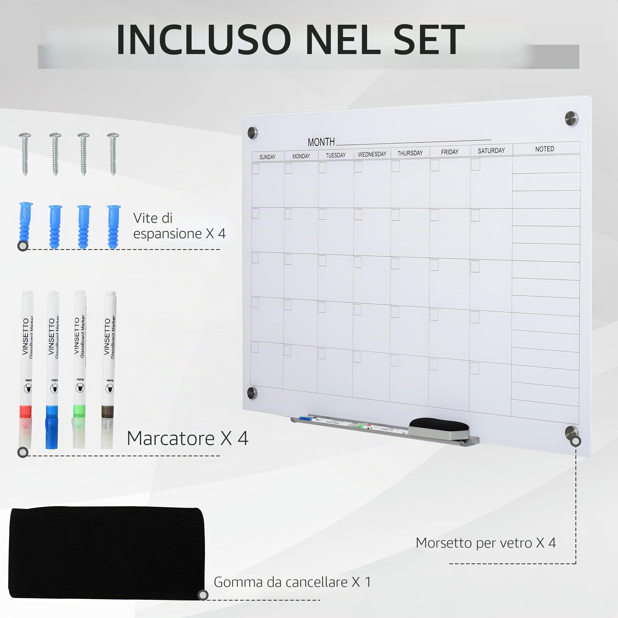 Vinsetto 35"x23" Lavagna murale calendario in vetro planner mensile | Senza cornice, materiali per homeschooling e organizzazione ufficio, 4 pennarelli, 1 cancellino