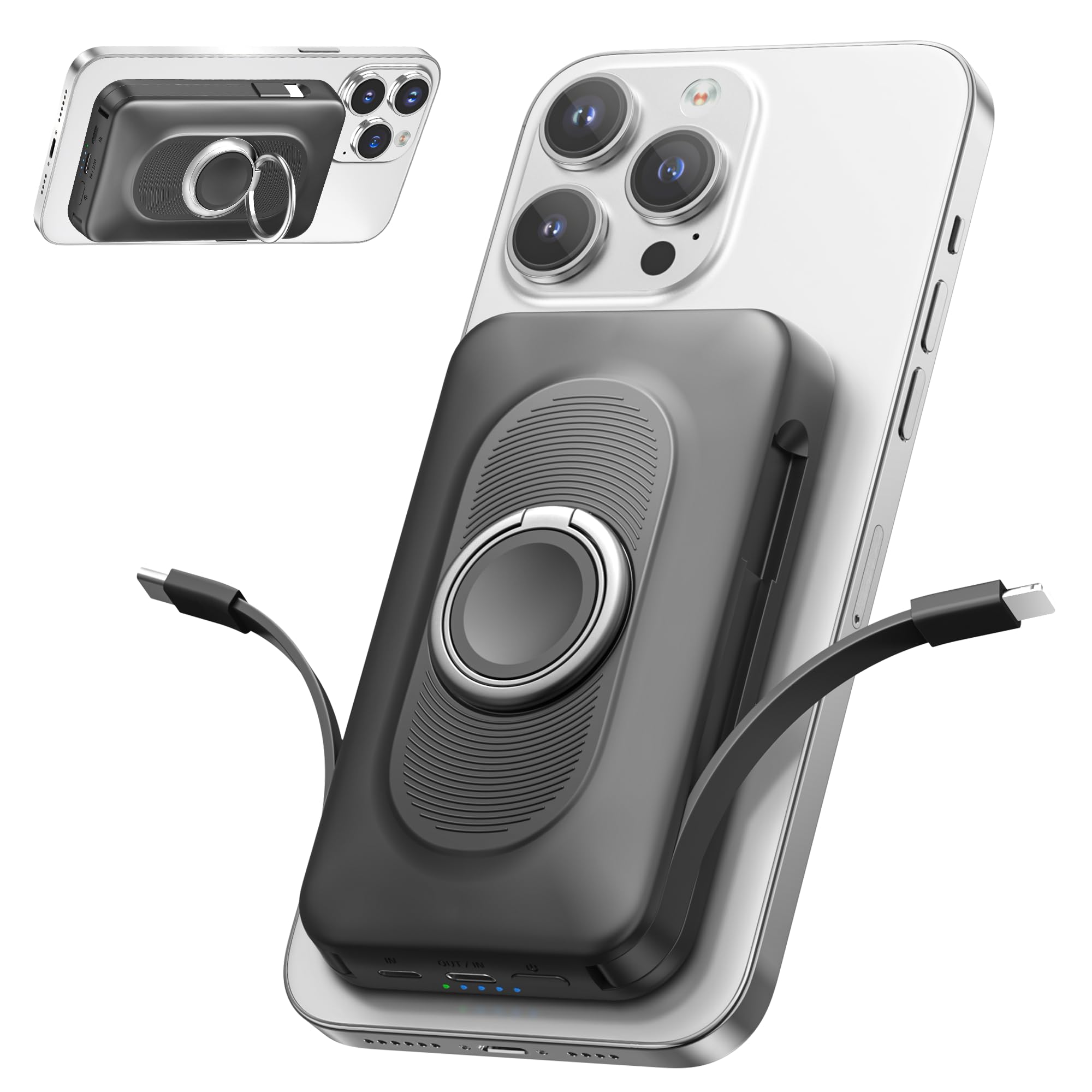 Powerbank für Magsafe 20000mAh 22.5W Magnetische Power Bank 4-in-1 Schnellladen mit Type-C/IOS Kabeln, Wireless Tragbares Laden mit Ringhalterung für iPhone 17/16/15/14/13/12 Pro/Pro Max/Plus