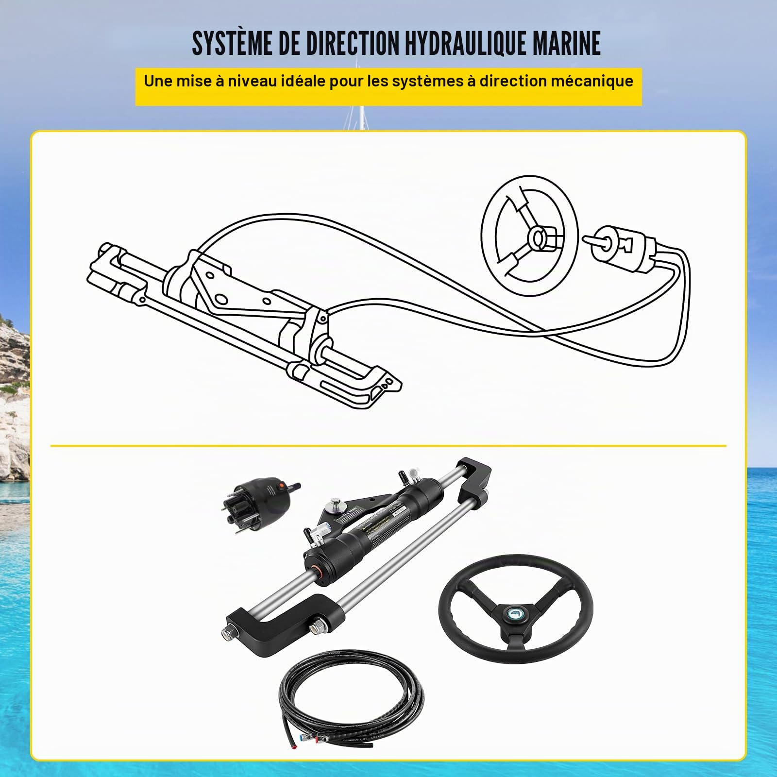 VEVOR Kit de Direction Hydraulique pour Bateau 300 HP, Cylindre de Direction Hors-Bord, Pompe à Barre avec Volant et Tuyau de Direction Hydraulique de 5,5 m, pour Système de Direction des Bateaux