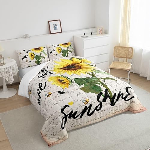 Miniatura 3 de Castle Fairy Juego de edredón con motivo de girasol tamaño queen, ropa de cama rústica de granja con diseño de abejas de 3 piezas para niños