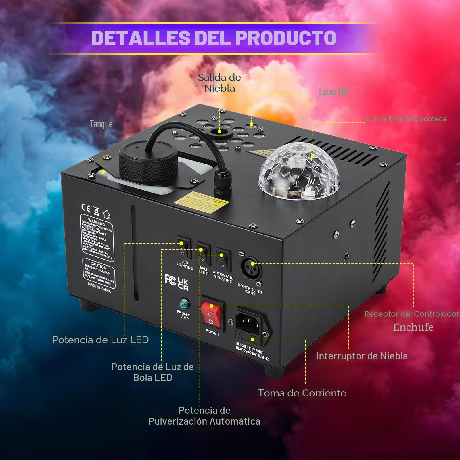 HAKUTA Máquina de Humo Vertical 1000W con 18 LED y Bola de Espejos | Efectos LED 12 Colores + 4 Modos Dinámicos, Niebla Vertical 2300 CFM, para Halloween, Navidad, Bodas, DJ, Discotecas