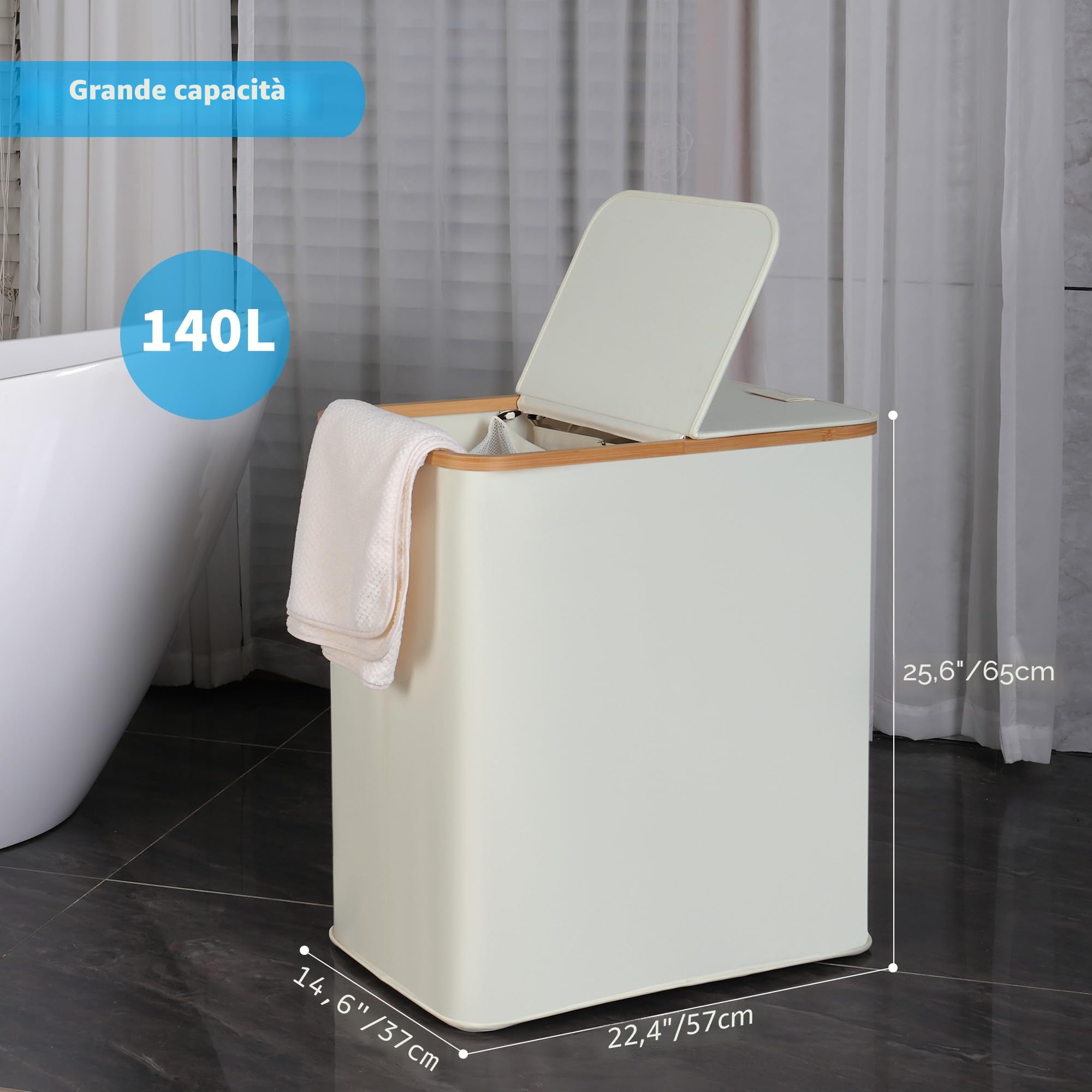 efluky Cesto portabiancheria da 140 l, con coperchio, 2 scomparti, grande cesto portabiancheria per biancheria, doppio cesto portabiancheria con 2 sacchetti rimovibili, Beige