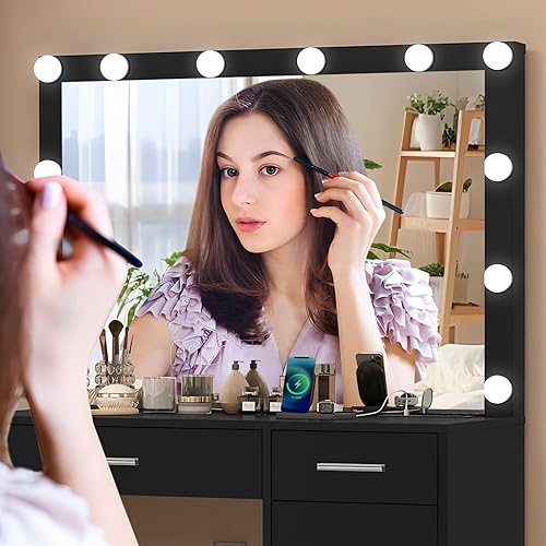 Miniatura 7 de usikey Tocador con Espejo y Luces, Tocador con Toma de Corriente, Tocador de Maquillaje con Espejo Grande y 5 Cajones, Mesa de Tocador con Taburete