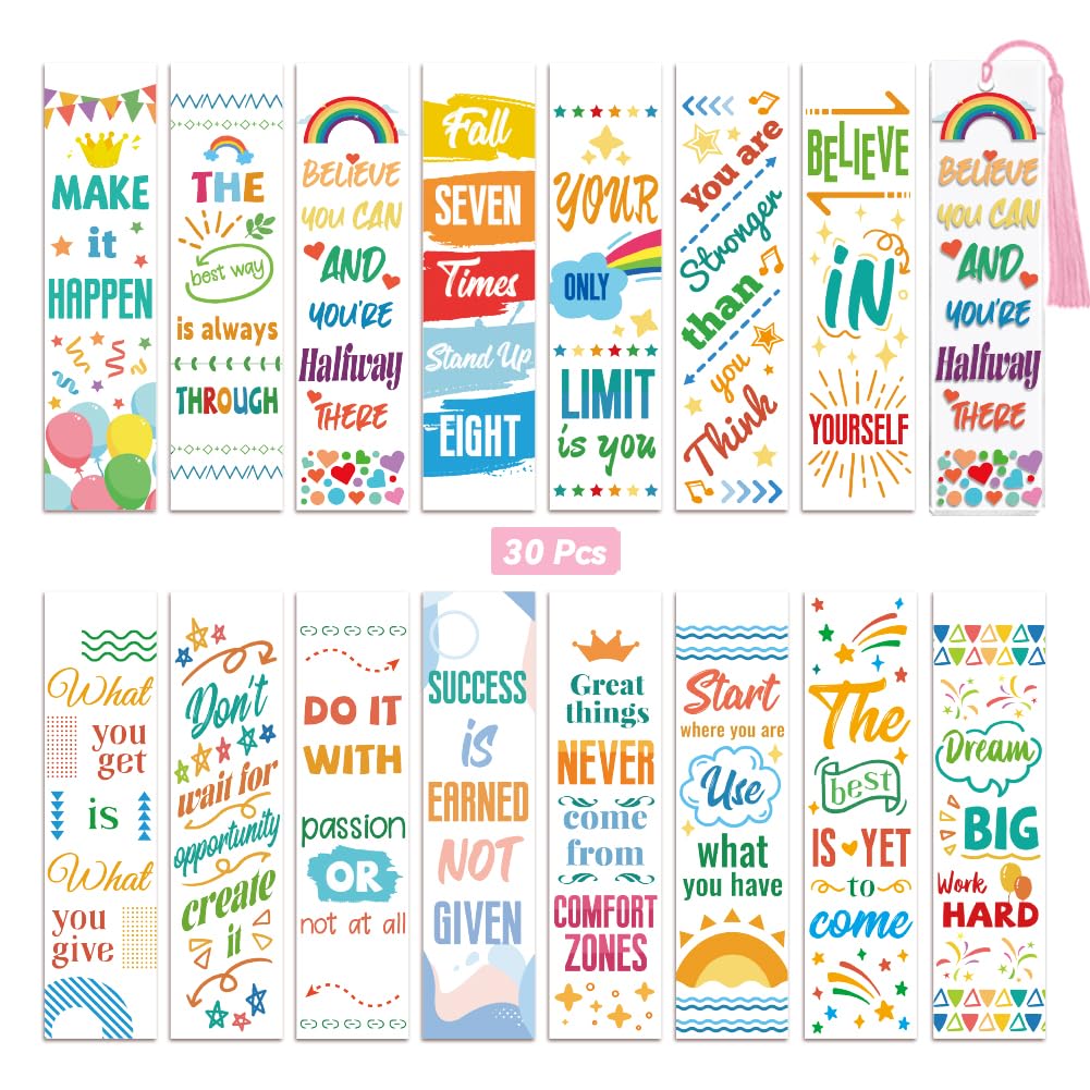 Peacoblue 30pcs UV DTF Bookmarks Wraps Transfer Stickers Inspirational Words for Women Men Reading Waterproof Bookmarkers Decal(No Blank Bookmarks) for Acrylic Plastic Metal Blank Bookmark