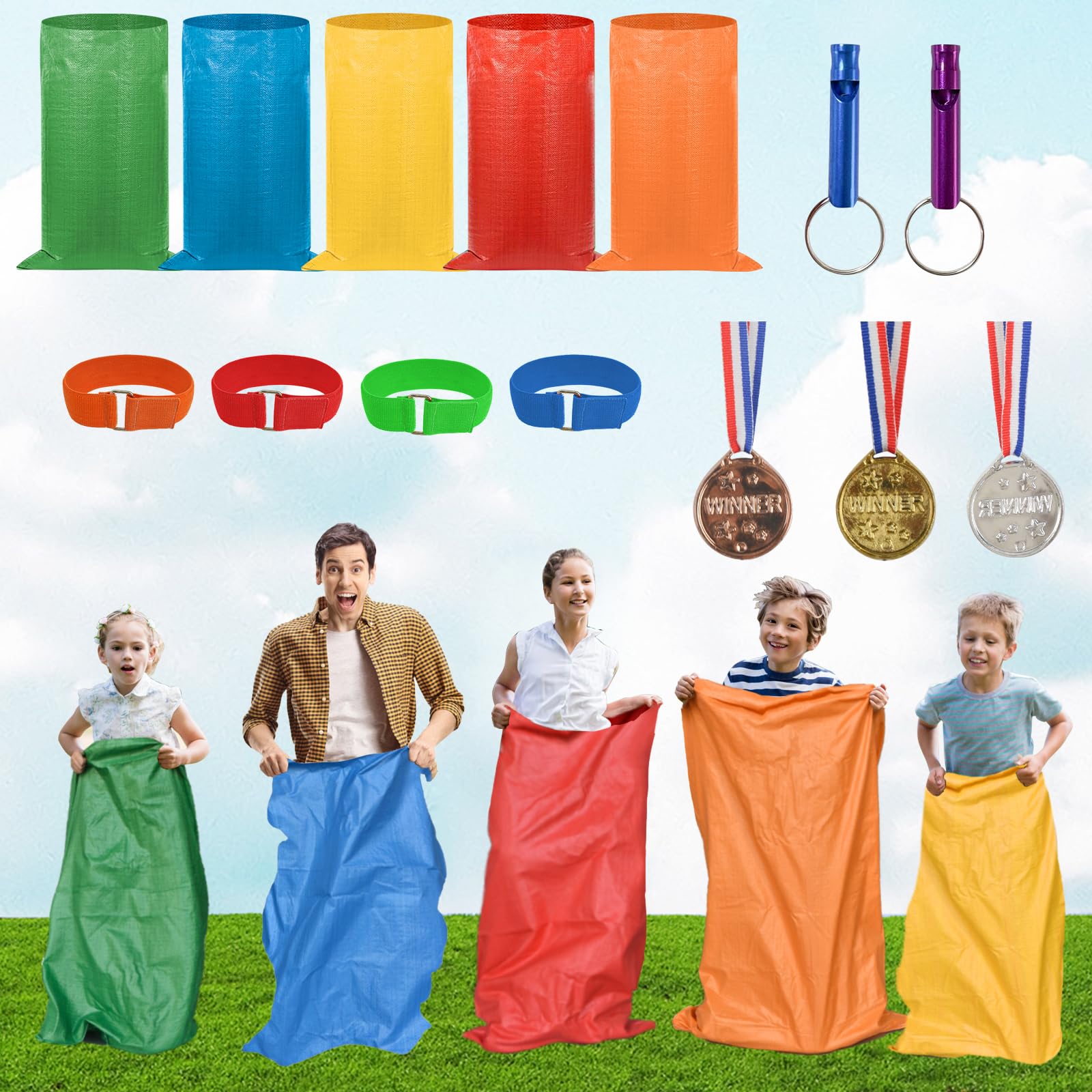 succulentlovers 14PCS Potato Sack Race Bags, Outdoor Games Sack Race Bags Kit Include Potato Sacks, 3-Legged Race Bands, Plastic Medals, Carnival
