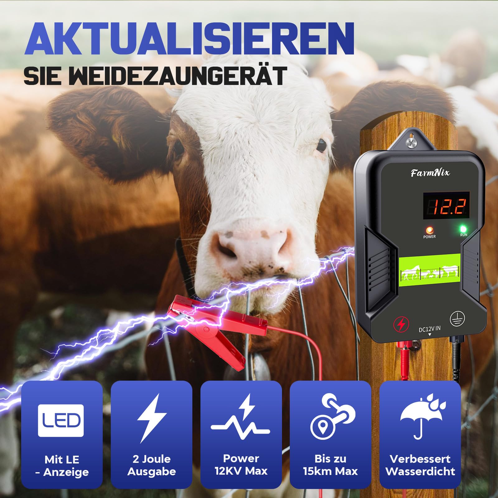 12V Weidezaungerät mit LED Anzeige, 2J Wasserdicht Elektrischer Weidezaun 230V für 15 KM Reichweite, LED Display Eelektrozaun für Schutz von Nutztieren,Haustieren,Geflügel, Hausweide,Gärten (Schwarz)