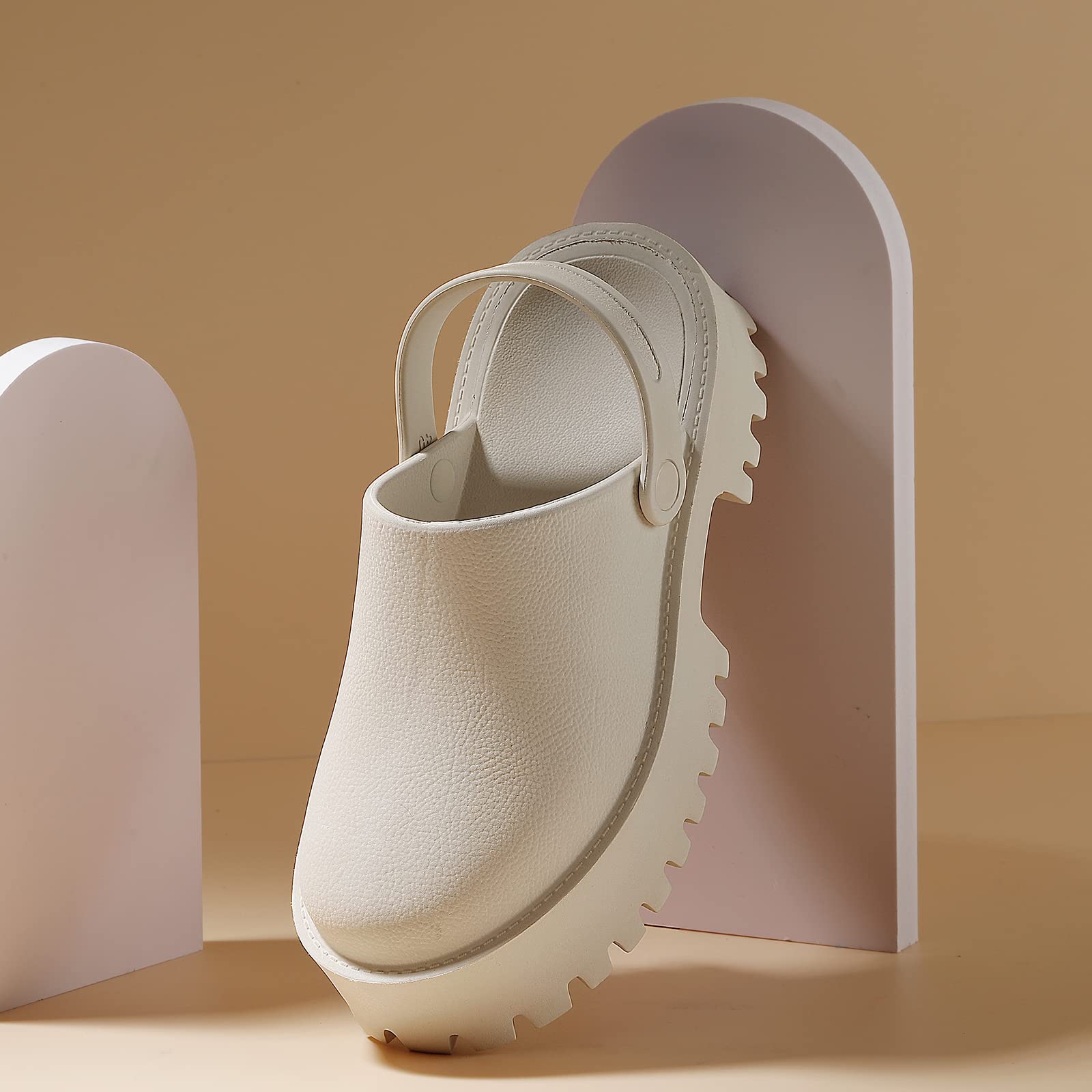 Women Platform Thick Soled Slippers,Beige Slip On Clogs Casual Non Slip Home Lazy Waterproof Fashion Sandals