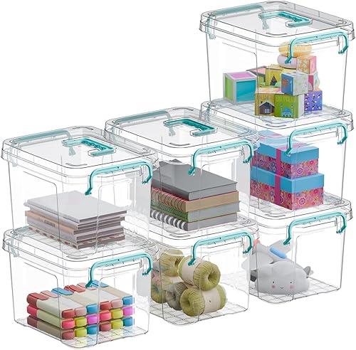 Covetree - Paquete de 7 cajas pequeñas de almacenamiento, contenedor de almacenamiento de plástico apilable con tapas, con asa, contenedor