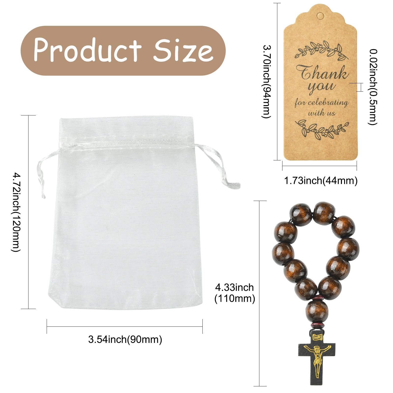 LiQunSweet Holz-Kreuz-Ornamente zum Aufhängen, mit Organza-Geschenkbeuteln und Dankeskarten, Kokosbraun, 110 mm, 20 Stück