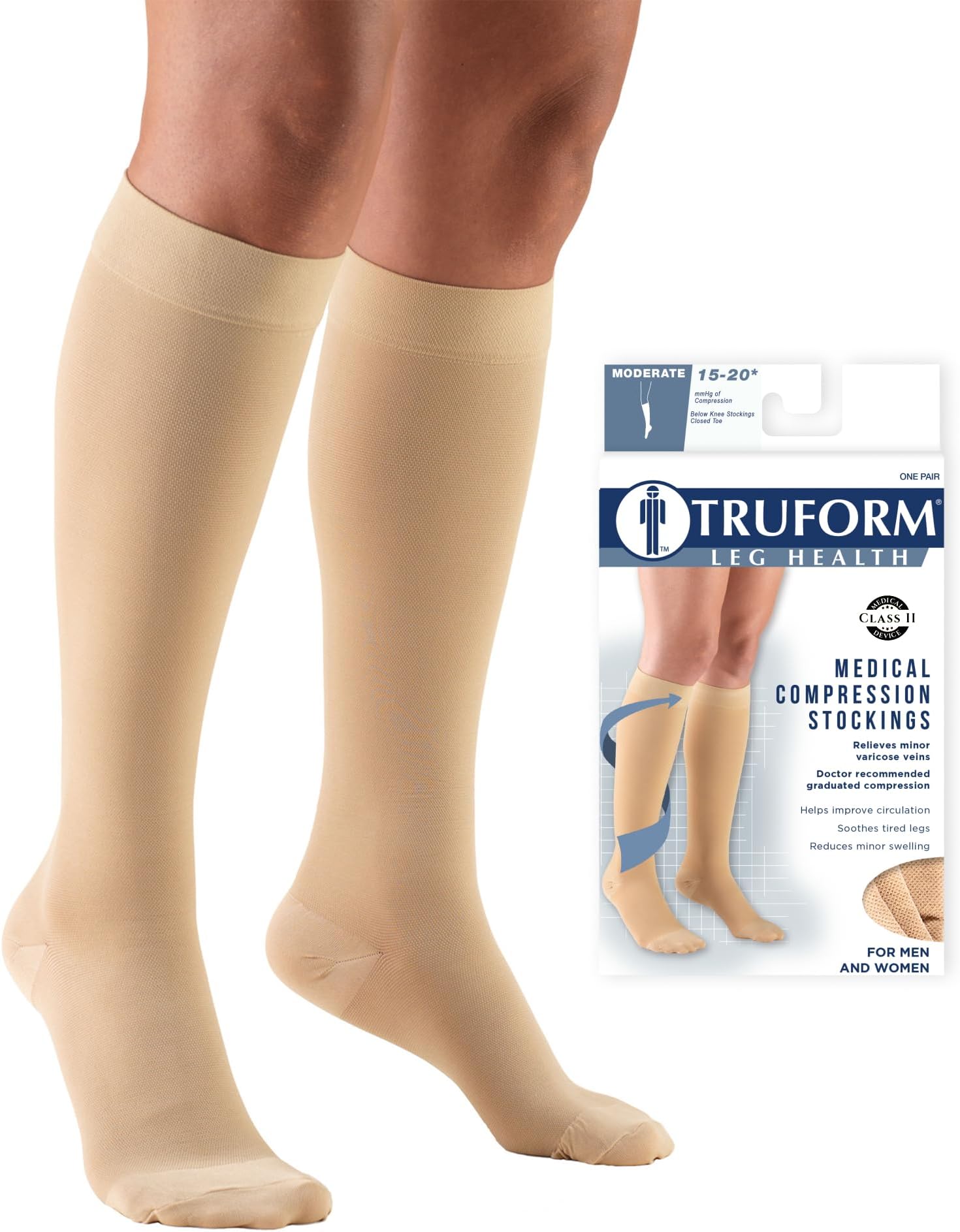 Truform 15-20 mmHg Compression Stockings for Men and Women, Knee High Length, Closed Toe, Beige, Medium