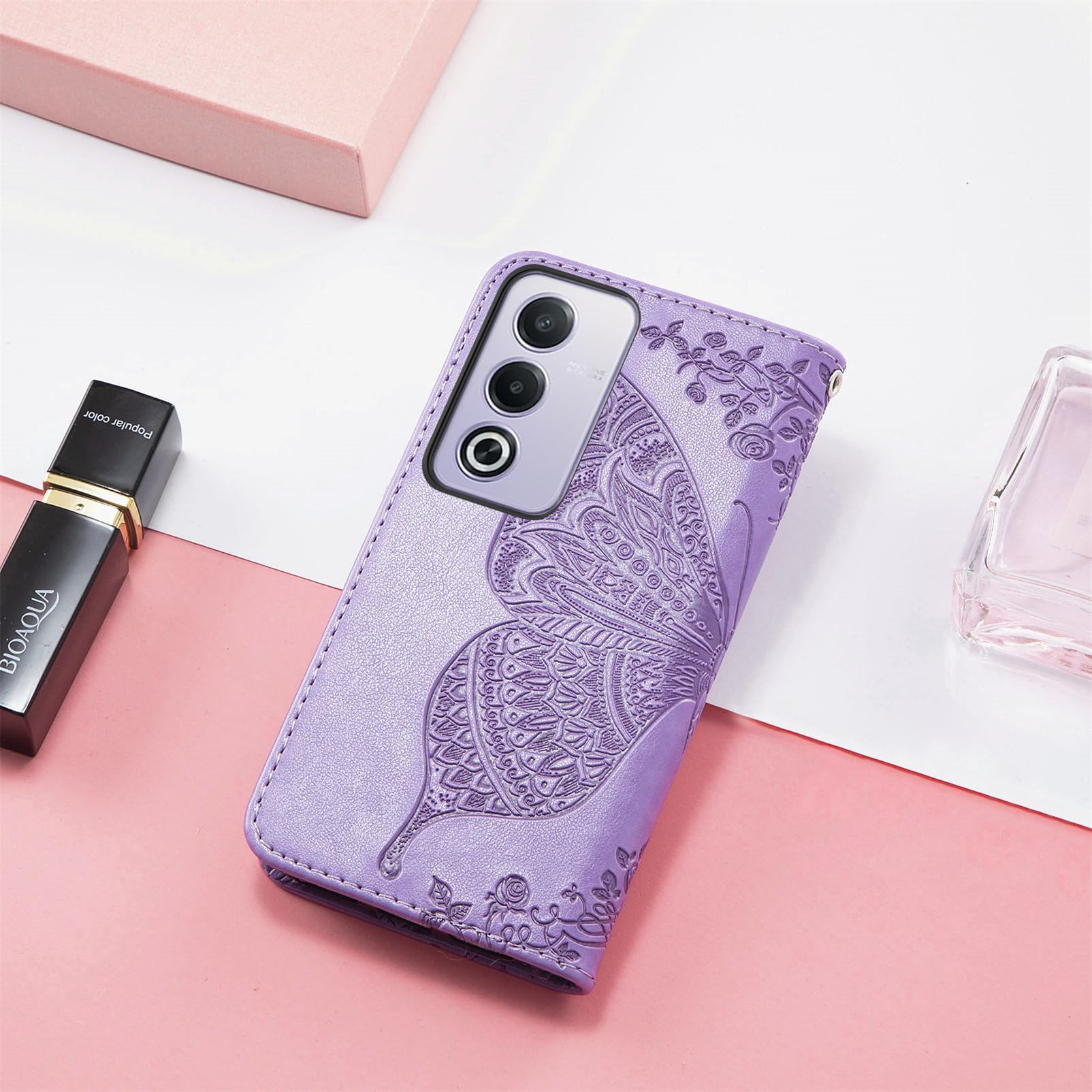 Custodia Portafoglio Per OPPO A80 5G Con Farfalle 3D | JIUNINE In Pelle PU E TPU Antiurto, Rosa Oro