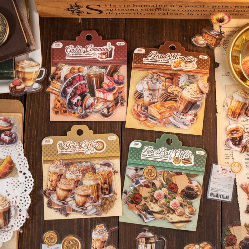 Alideco 120pcs Scrapbook Stickers Vintage Coffee Bread Afternoon Tea Scrapbooking Junk Journal Crafts Embelishment Decoration Stickers (bankekafei)