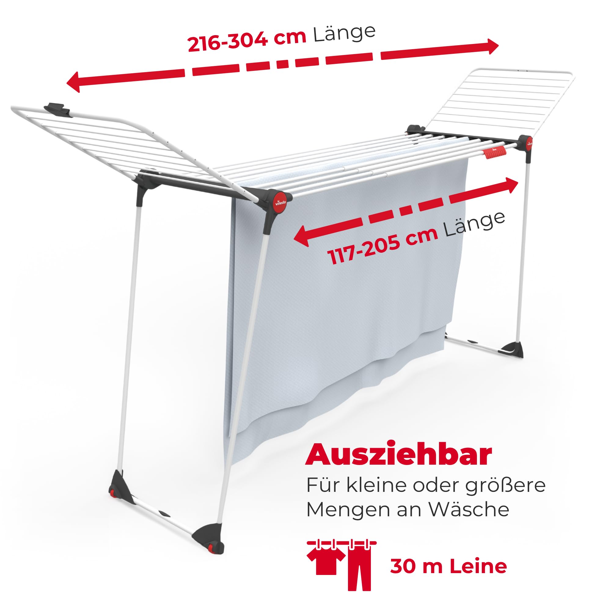 Vileda Infinity Flex Plus Wäscheständer | Ausziehbarer & Stabiler Flügeltrockner mit 30m XXL-Leinen - Für Innen- & Außenbereich, platzsparend & klappbar, 2m Länge, Hohe Flügel | Comfort-Pack