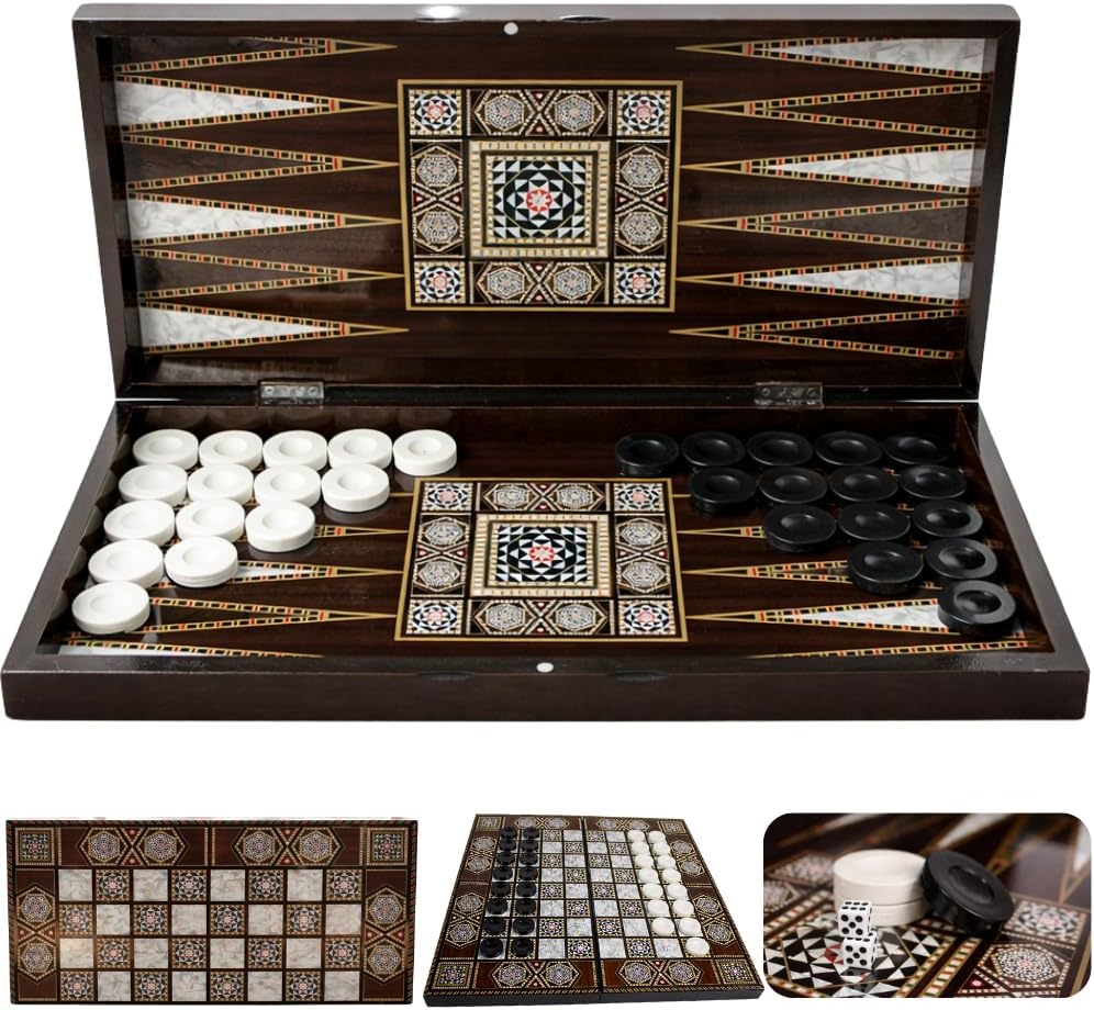 PARK & OZ Turkish Backgammon Board Game Set - 19'' for Adults with Polished Wooden Elegant Mosaic Design for Classic Fun - Travel Games for Family, Couples Entertainment