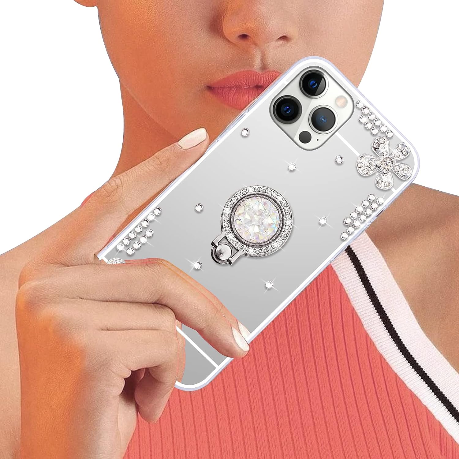 for iPhone 12 Pro Max Makeup Mirror Case for Women Girls Luxury Bling Glitter Cover with Shiny Crystal Diamond Ring Stand Holder Finger Grip Cute Girly Cases for iPhone 12 Pro Max Silver image 2