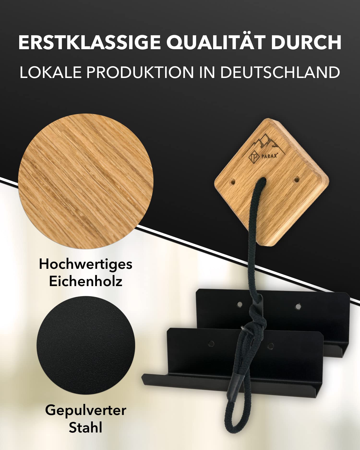 PARAX Fahrrad Wandhalterung U-Rack Holz – Fahrrad Halterung für MTB, E-Bike, Damenrad, Rennrad, Gravel Bike – Fahrradhalter Wand bis 35kg Indoor Aufbewahrung für Garage, Wohnung, Wohnzimmer
