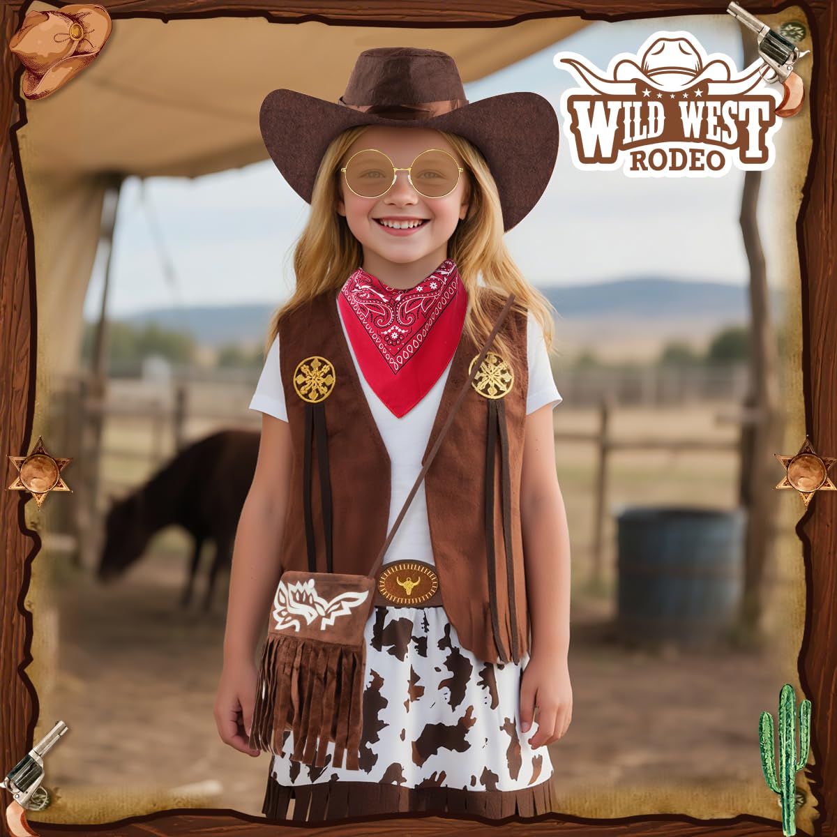 Deguisement Cowgirl Enfant Fille, Robe Western pour Fille avec Bandana, Chapeau Cowboy, Cowgirl Costume pour Halloween Carnival Cosplay Party, Deguisement Fille 5-10 Ans
