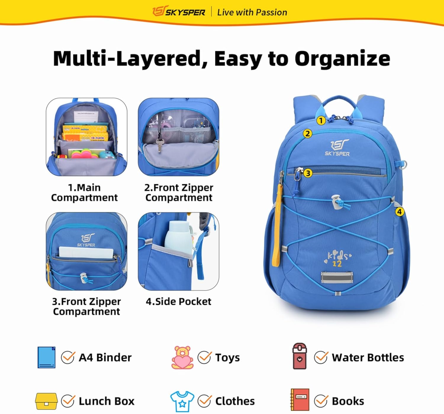 SKYSPER Kids Backpack 12L Children School Bag Child Boy Girl Outdoor Travel Pack Ages 4-8 for Day Trips Classes Camping(Blue)