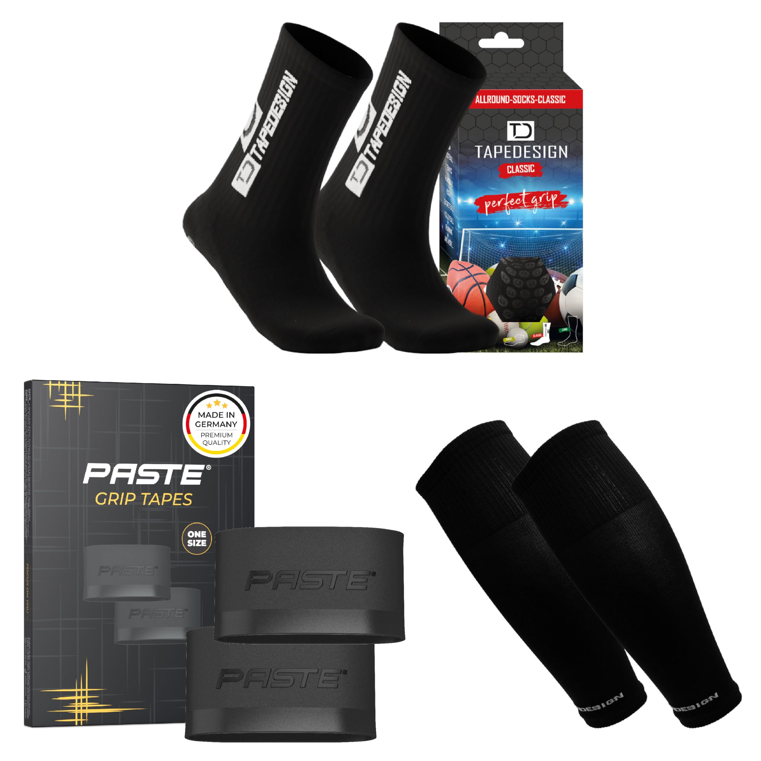 PASTE - Set di 3 calzini da calcio TAPEDESIGN (Classic), supporto parastinchi (nero) – calzini sportivi e da calcio con supporto parastinchi e calzettoni da calcio da uomo e da donna