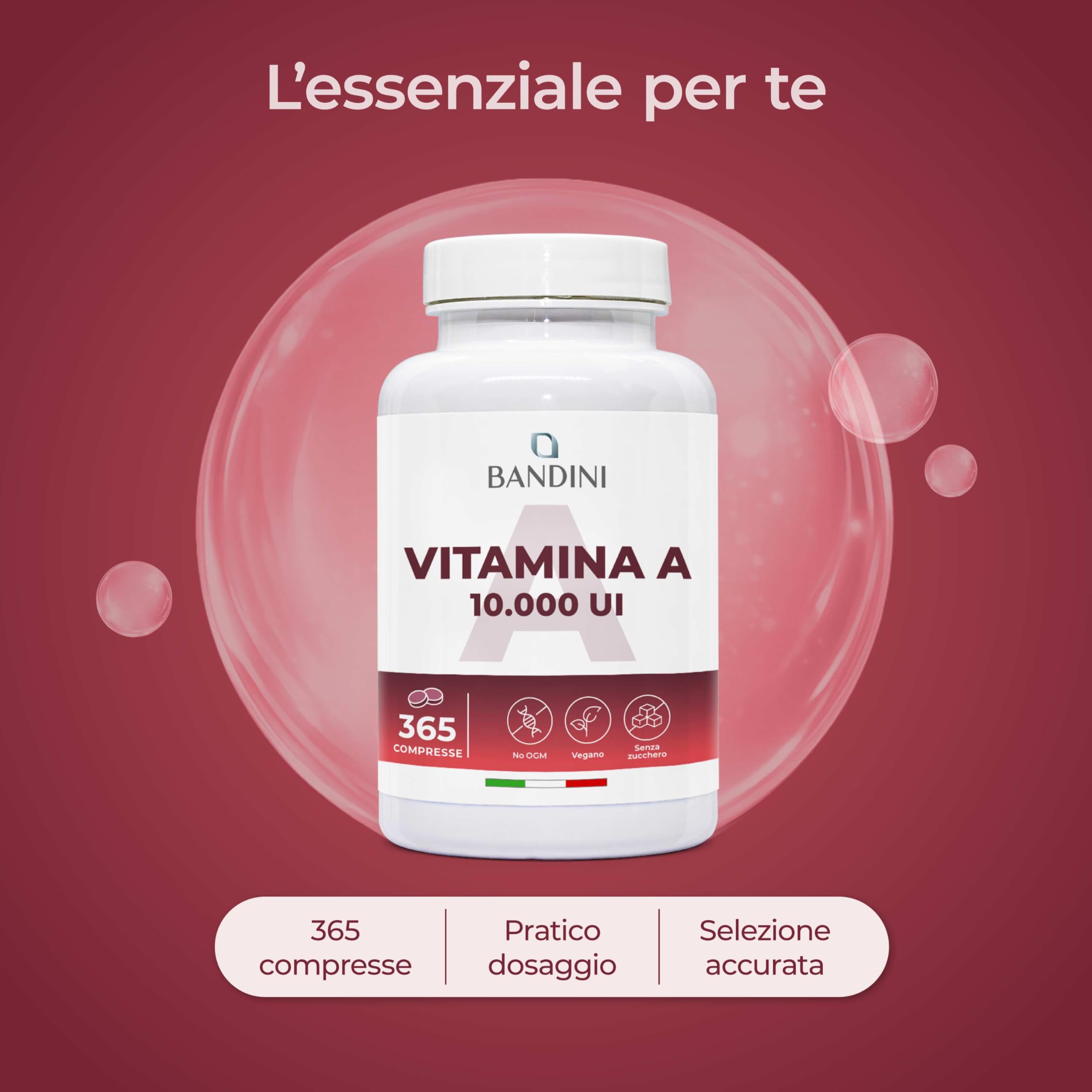 Bandini® Vitamina A Pura, 365 Microcompresse Vegane (1+ Anno di fornitura), Contribuisce al Mantenimento di Pelle e Vista Normali, Acetato di Retinile, Alternativa a Vitamina A Gocce, No OGM