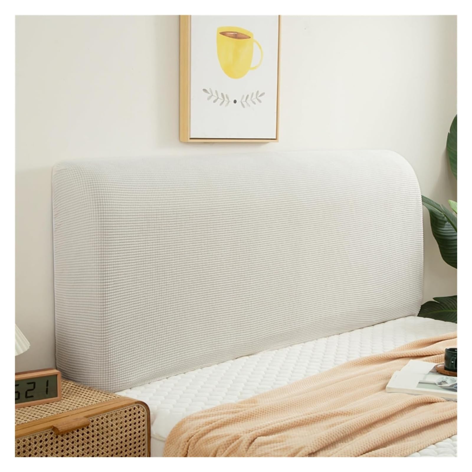 Velvet Bed Headboard Slipcover for Queen, Full, Twin, Cal King Size Beds - Quilted, Thicken, Dustproof Protector - Elastic Decoration (Milk White)