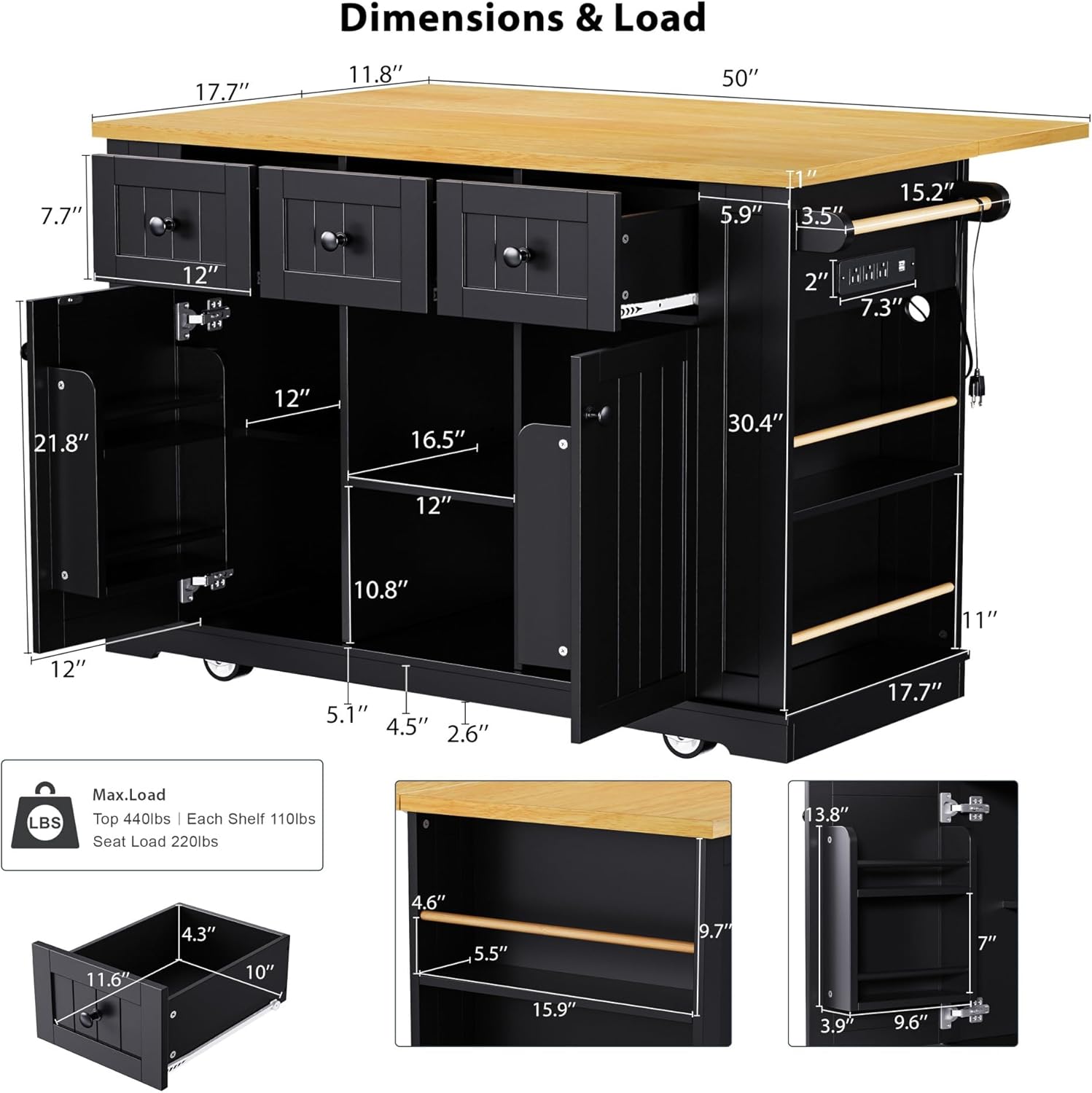 53“ Large Kitchen Island with Storage, Rolling Kitchen Cart on 5 Wheels with Power Outlet, Drop Leaf, Internal Storage Rack, Side Racks, and Drawers for Dining Room, (No Stools)