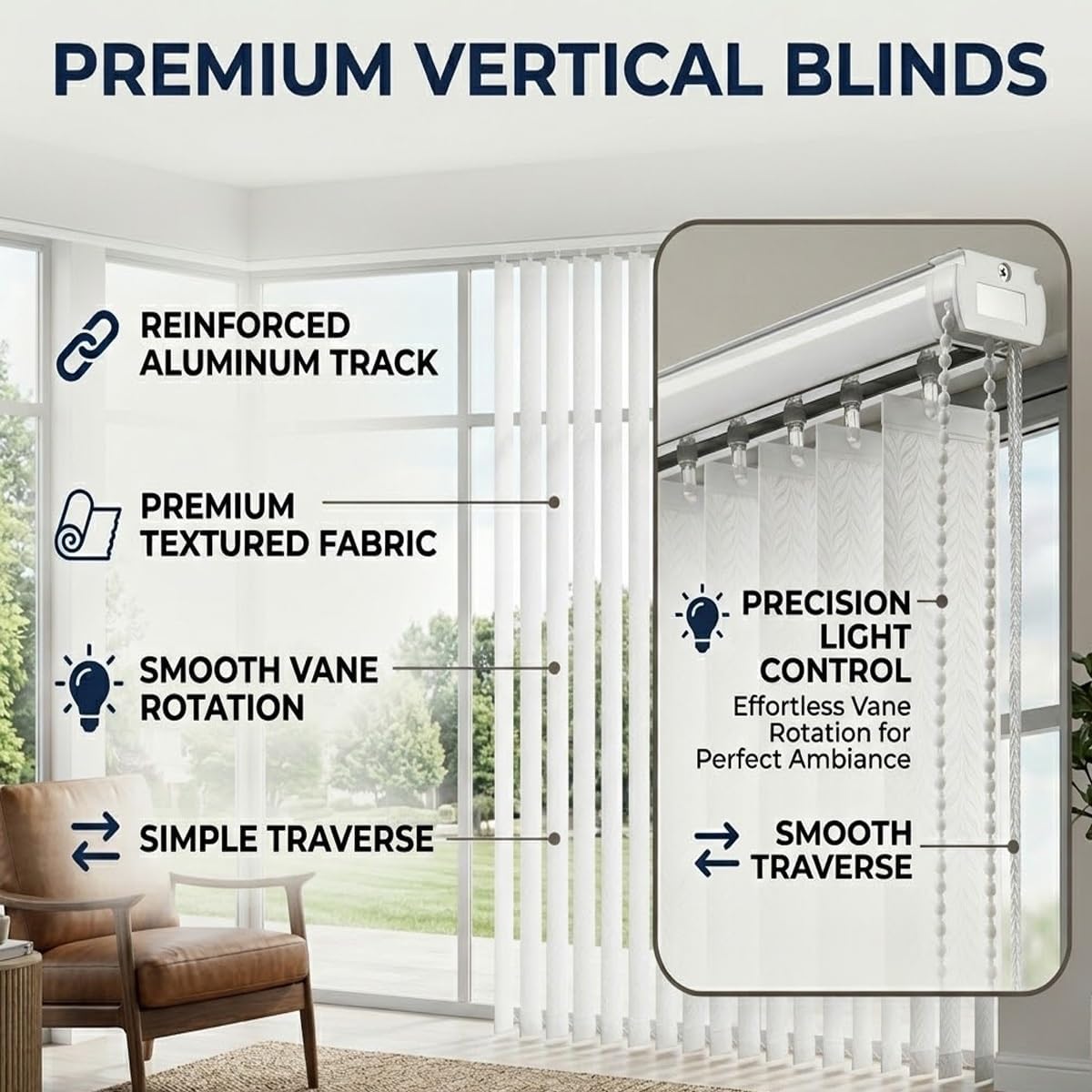 Vertical Blinds for Sliding Glass Doors and Large Windows, Vertical Window Shades Set, UV Protection Verticals Window Blinds, 51" 59" 68" 78" 88" 106" Cordless White(30" W x 39" H)