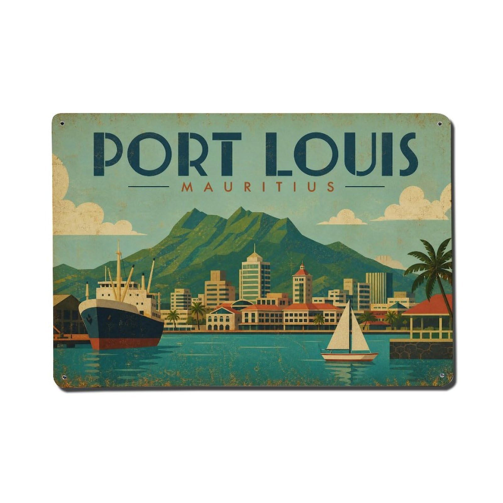 Metal Tin Sign Vintage Travel Mauritius Port Louis