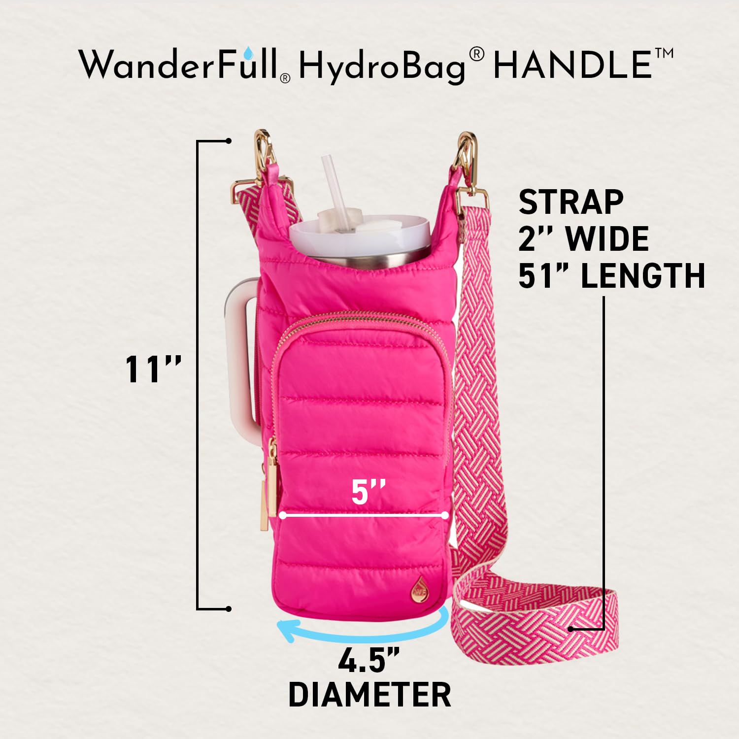 WanderFull Original HydroBag Reißverschlussschlitz für Griff, 1,2 l Wasserflaschenhalter mit Gurt, Crossbody-Wasserflaschen-Tragetasche mit Handytasche, Trinkglas-Zubehör, rosa und cremefarbener Gurt