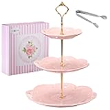 Jusalpha 3-Tier Pink Porcelain Cake Stand/Cupcake Stand/Dessert Stand/Tea Party Pastry Serving Platter/Food Display, Stand, Comes in a Gift Box- Free Sugar Tong, Pink