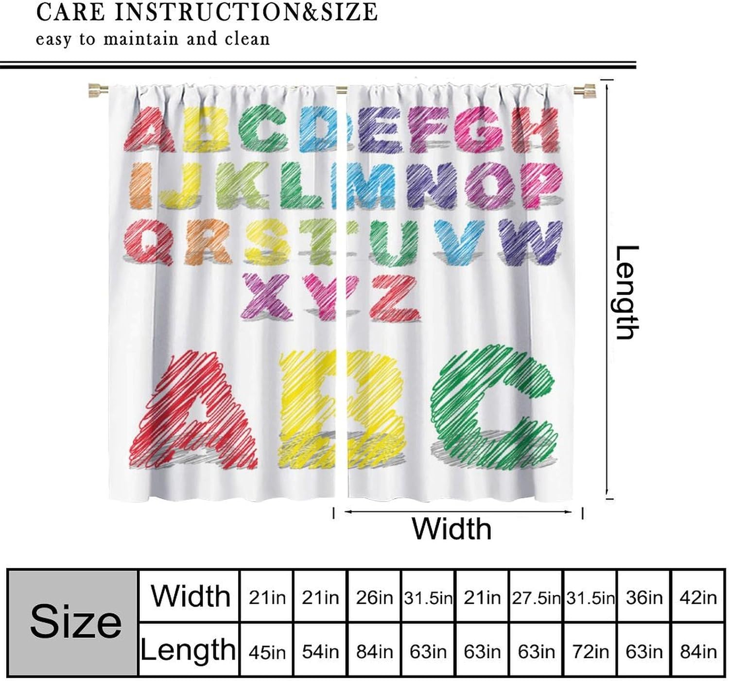 ABC Alphabet Curtains for Kids Bedroom, Colorful Cute Cartoon English Capital Letters Funny Window Treatments Drapes for Boys Children Toddler Nursery Playroom Curtains 52" W X 84" L